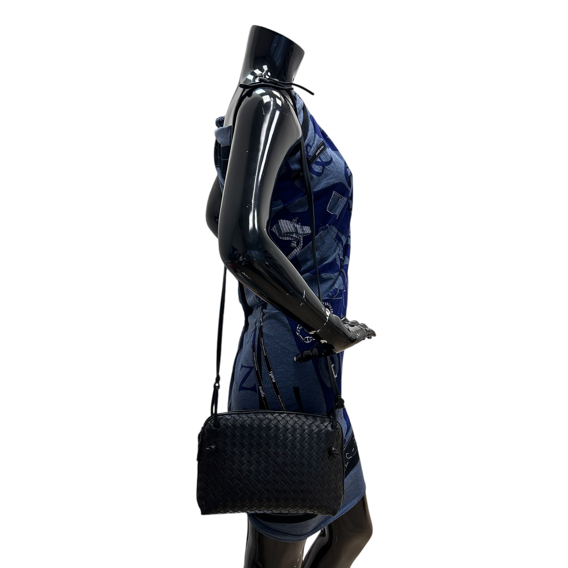 Black Intrecciato Woven Nappa Leather Nodini Crossbody Bag w/Gunmetal HW