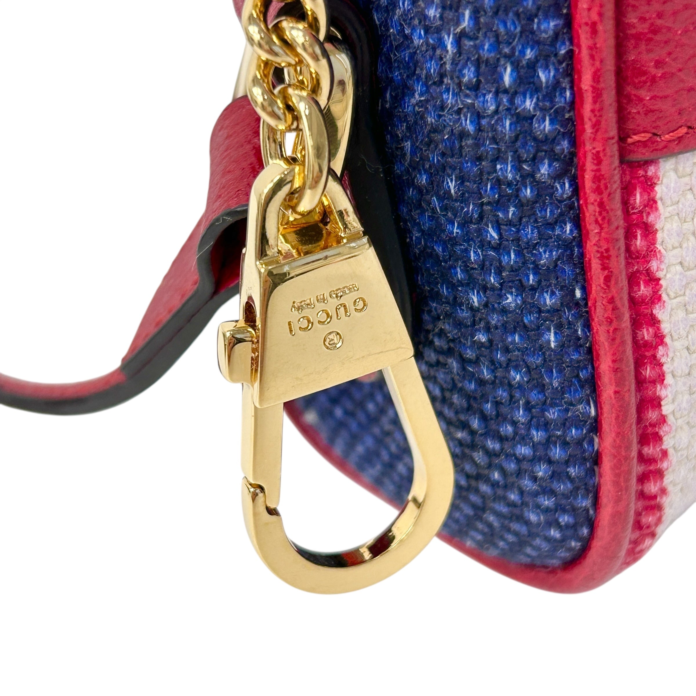 White/Blue/Red Stripe Canvas and Leather Mini Ophidia Crossbody Bag w/GHW