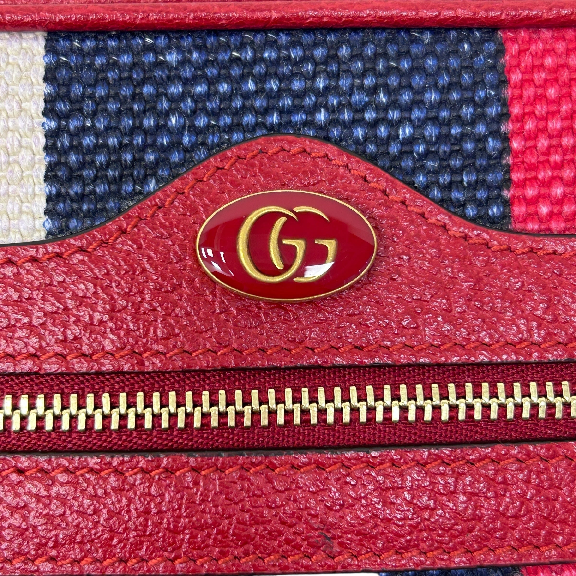 White/Blue/Red Stripe Canvas and Leather Mini Ophidia Crossbody Bag w/GHW