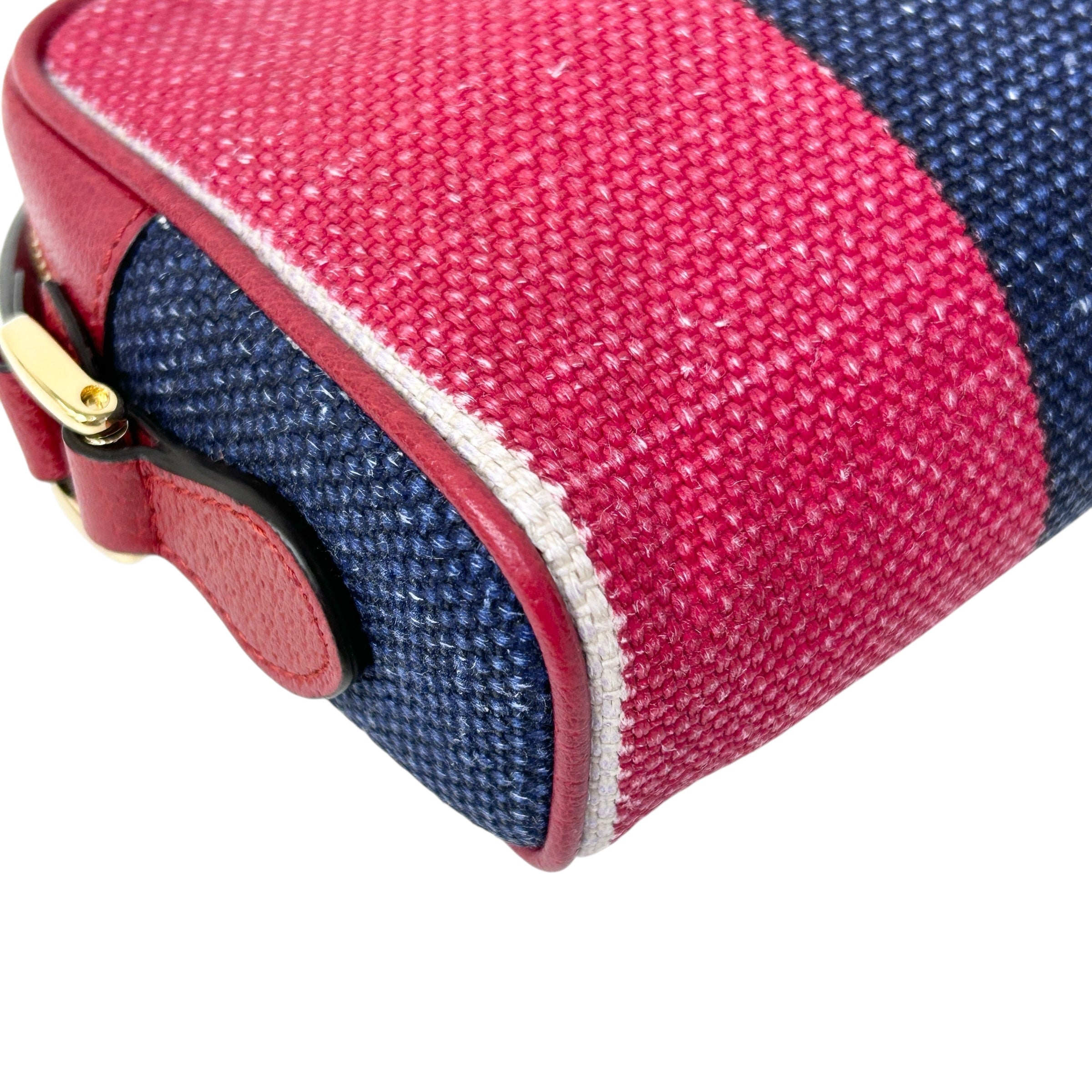 White/Blue/Red Stripe Canvas and Leather Mini Ophidia Crossbody Bag w/GHW