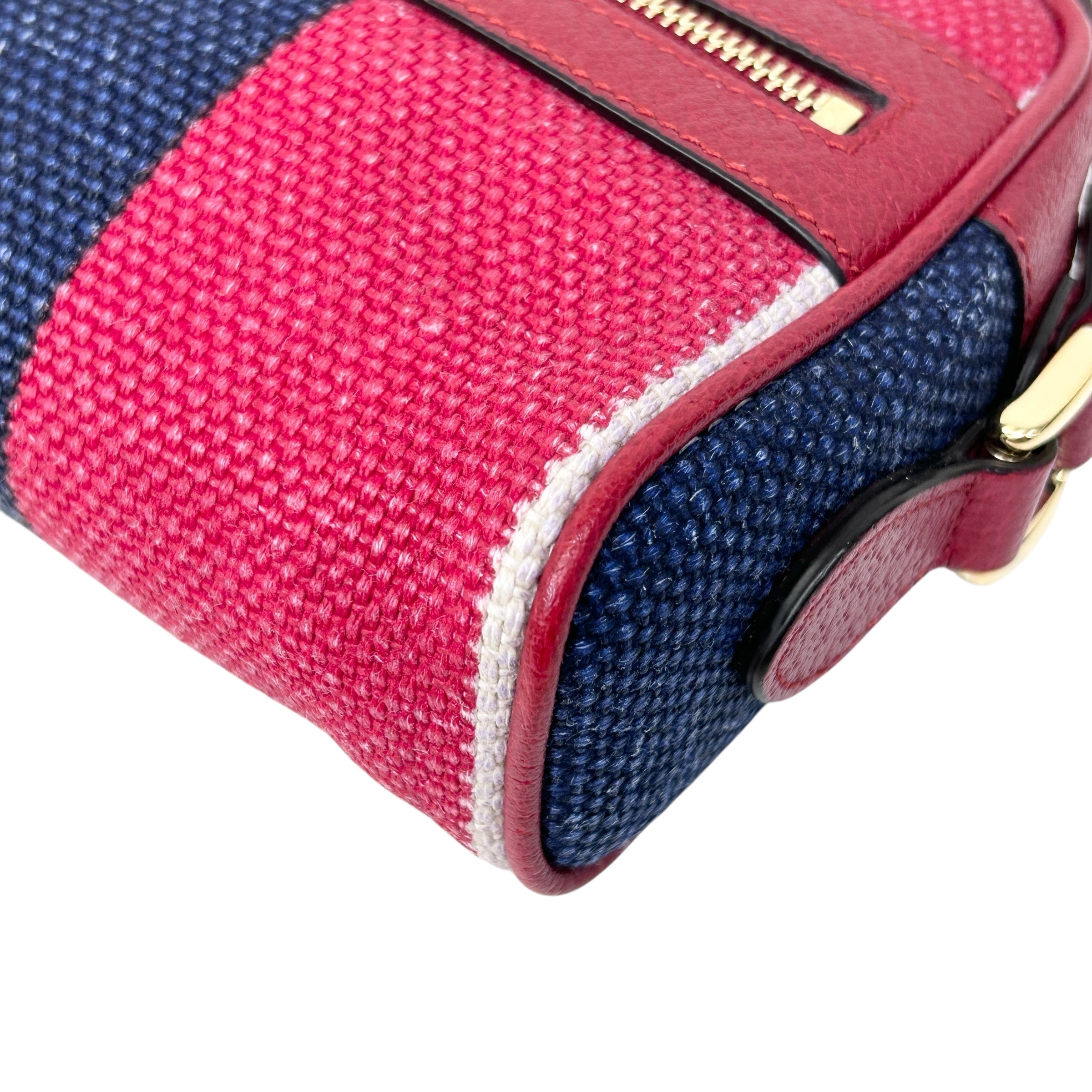 White/Blue/Red Stripe Canvas and Leather Mini Ophidia Crossbody Bag w/GHW