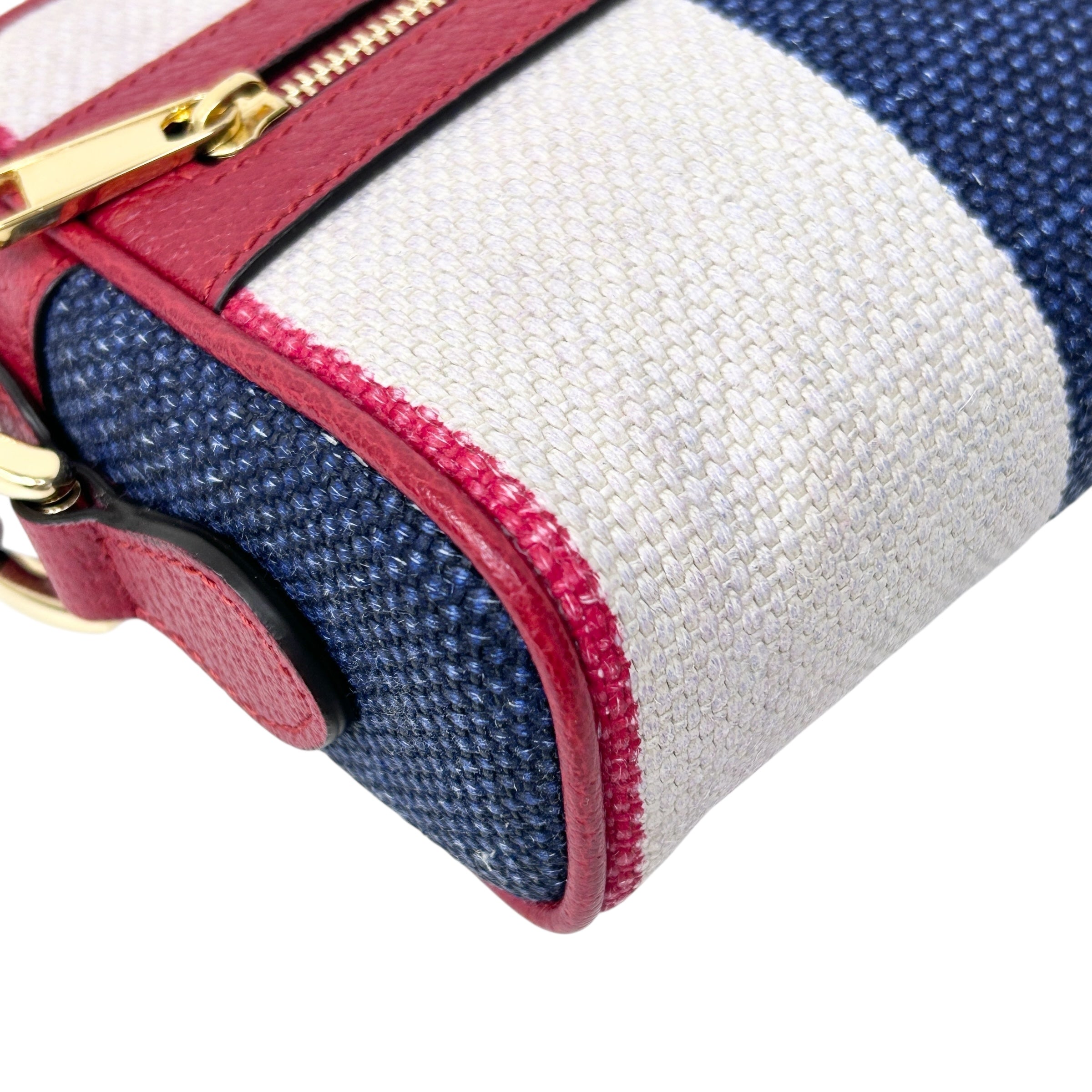 White/Blue/Red Stripe Canvas and Leather Mini Ophidia Crossbody Bag w/GHW