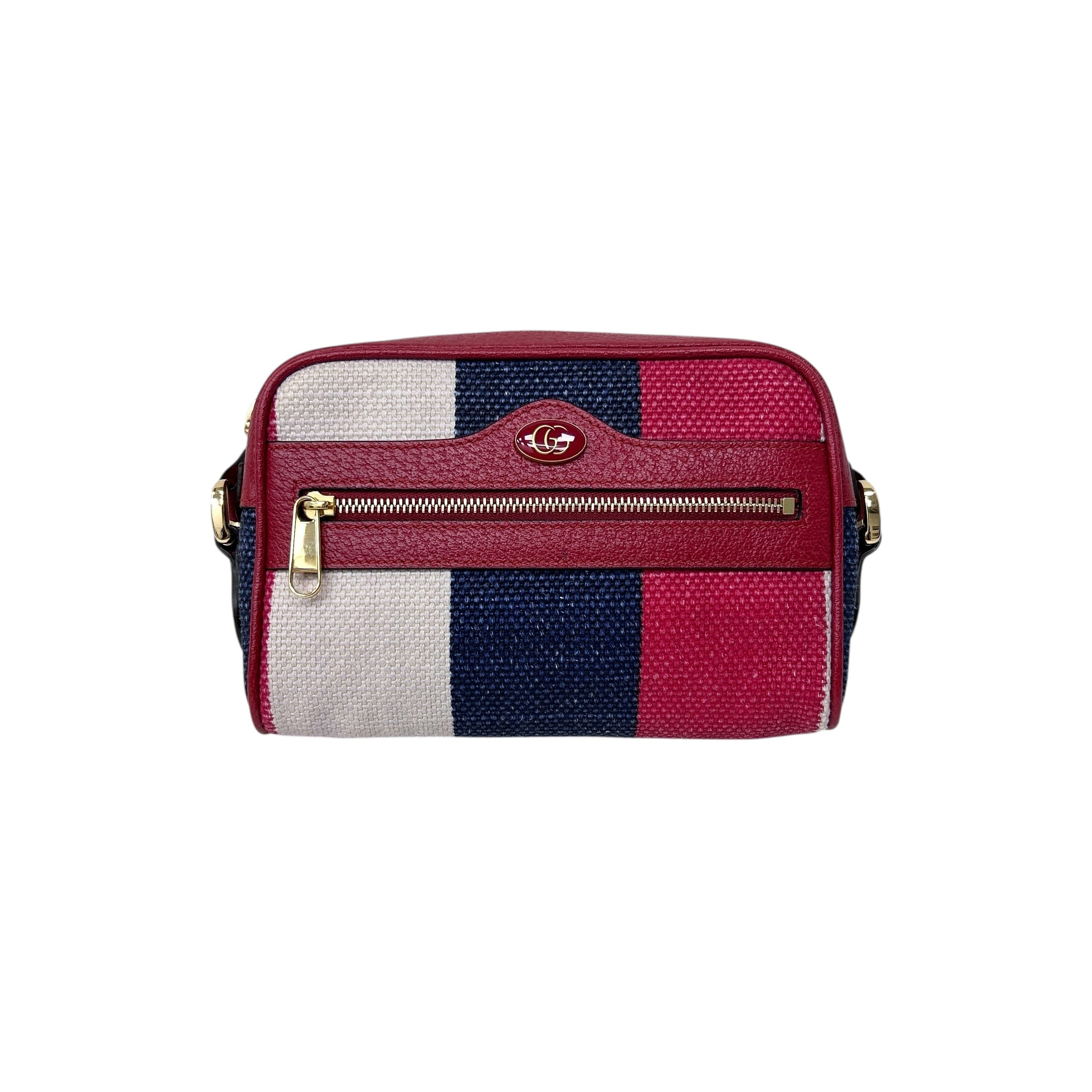 White/Blue/Red Stripe Canvas and Leather Mini Ophidia Crossbody Bag w/GHW