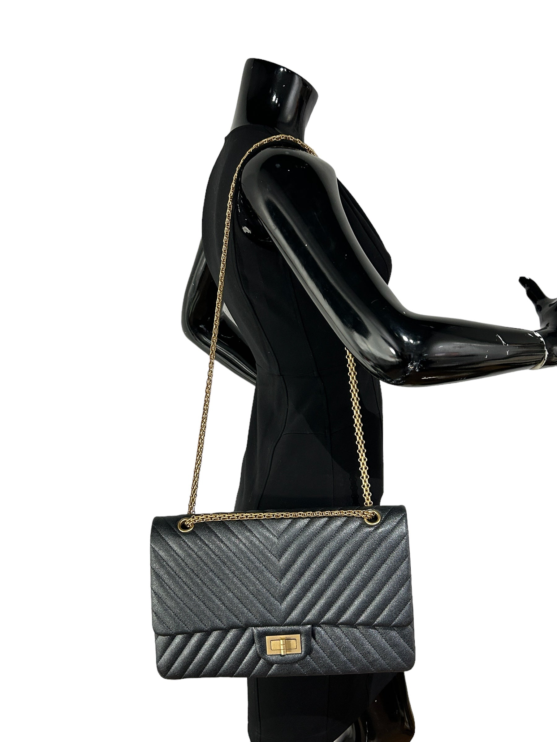 227 Timeless Reissue Mademoiselle Metallic Dark Grey Sheepskin Grained Double Flap Bag w/MAGHW