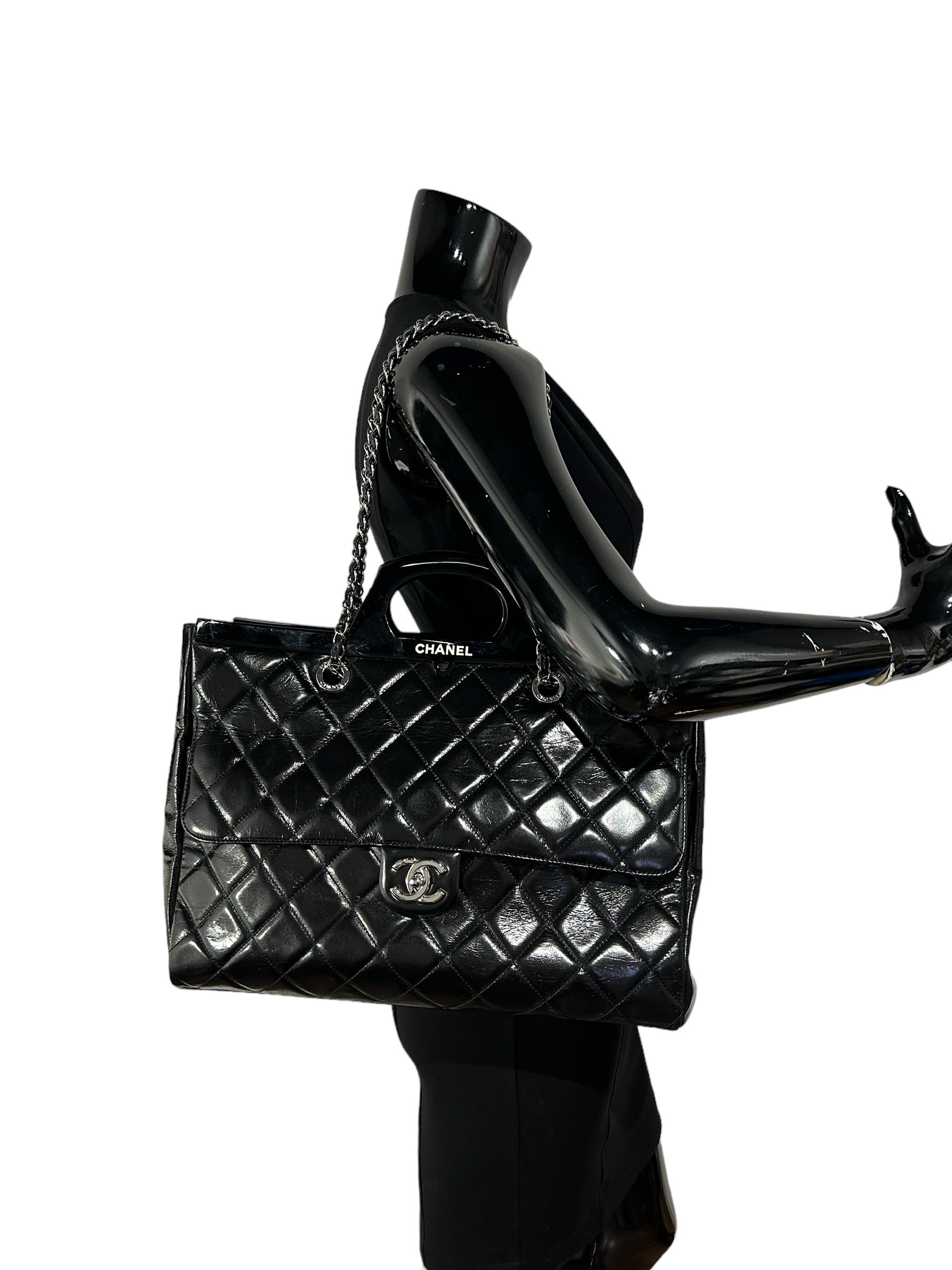 Black Quilted Glazed Calfskin Leather Supermarket Large CC Delivery Tote W/SHW
