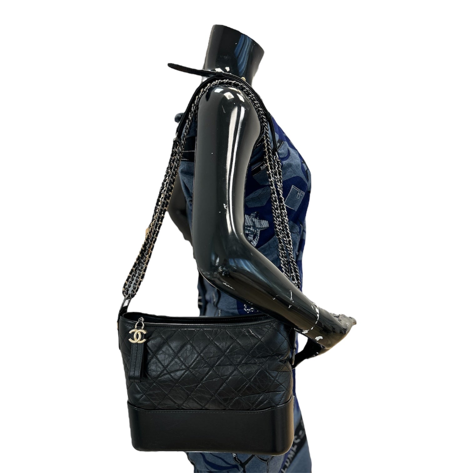 Black Aged Quilted Calfskin Leather Medium Gabrielle Hobo Bag w/AGHW/RHW/SHW/GHW