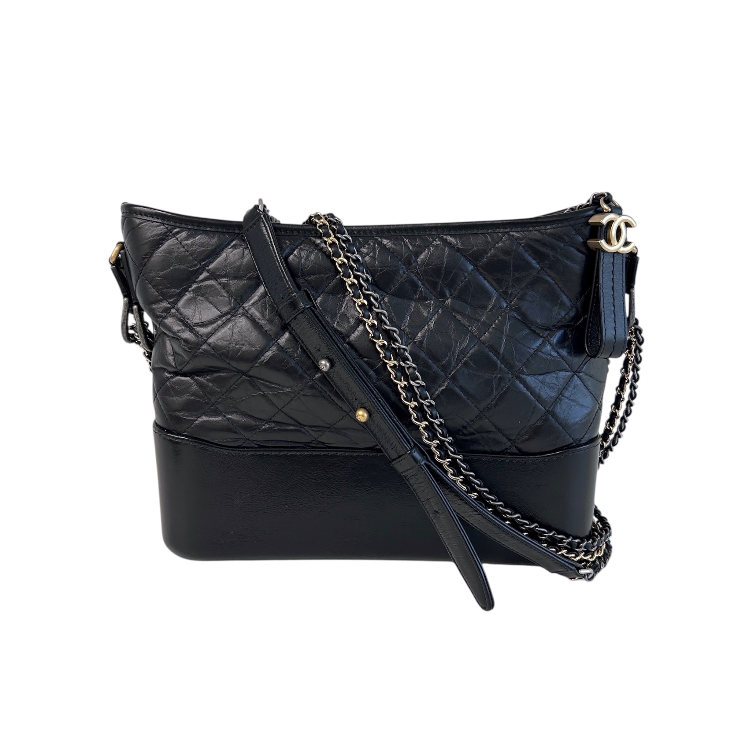Black Aged Quilted Calfskin Leather Medium Gabrielle Hobo Bag w/AGHW/RHW/SHW/GHW