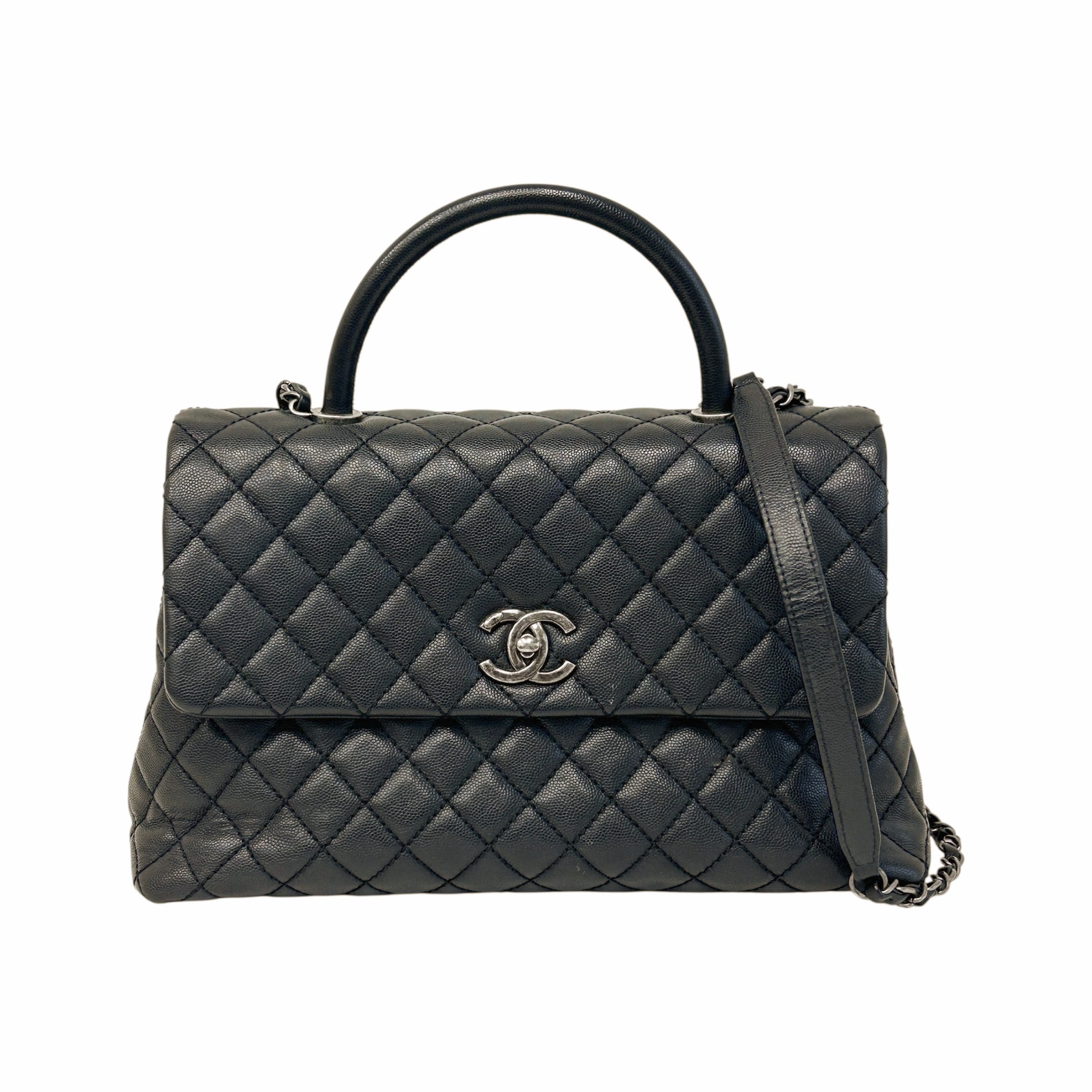 Black Caviar Quilted Coco Handle Large Bag w/RHW
