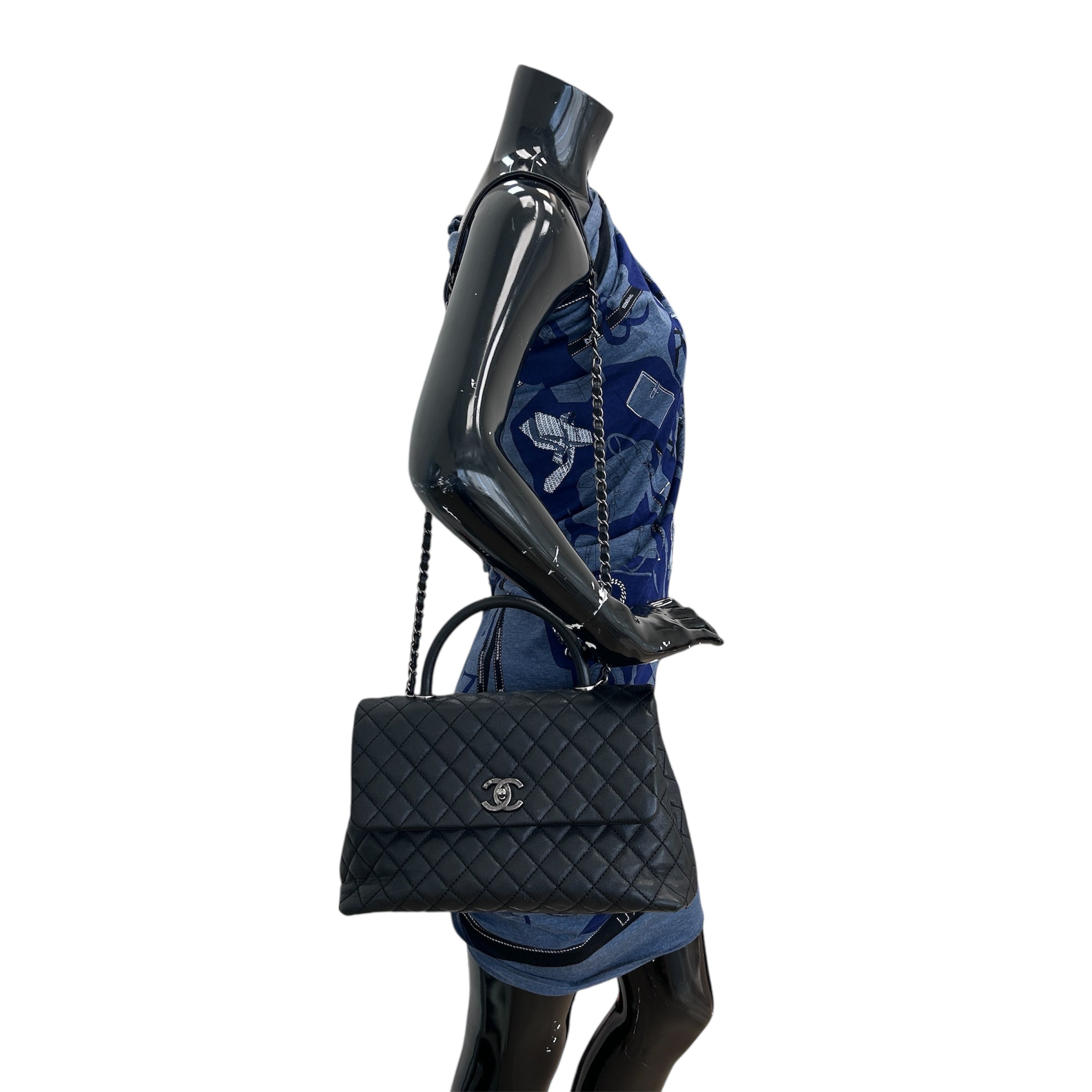 Black Caviar Quilted Coco Handle Large Bag w/RHW