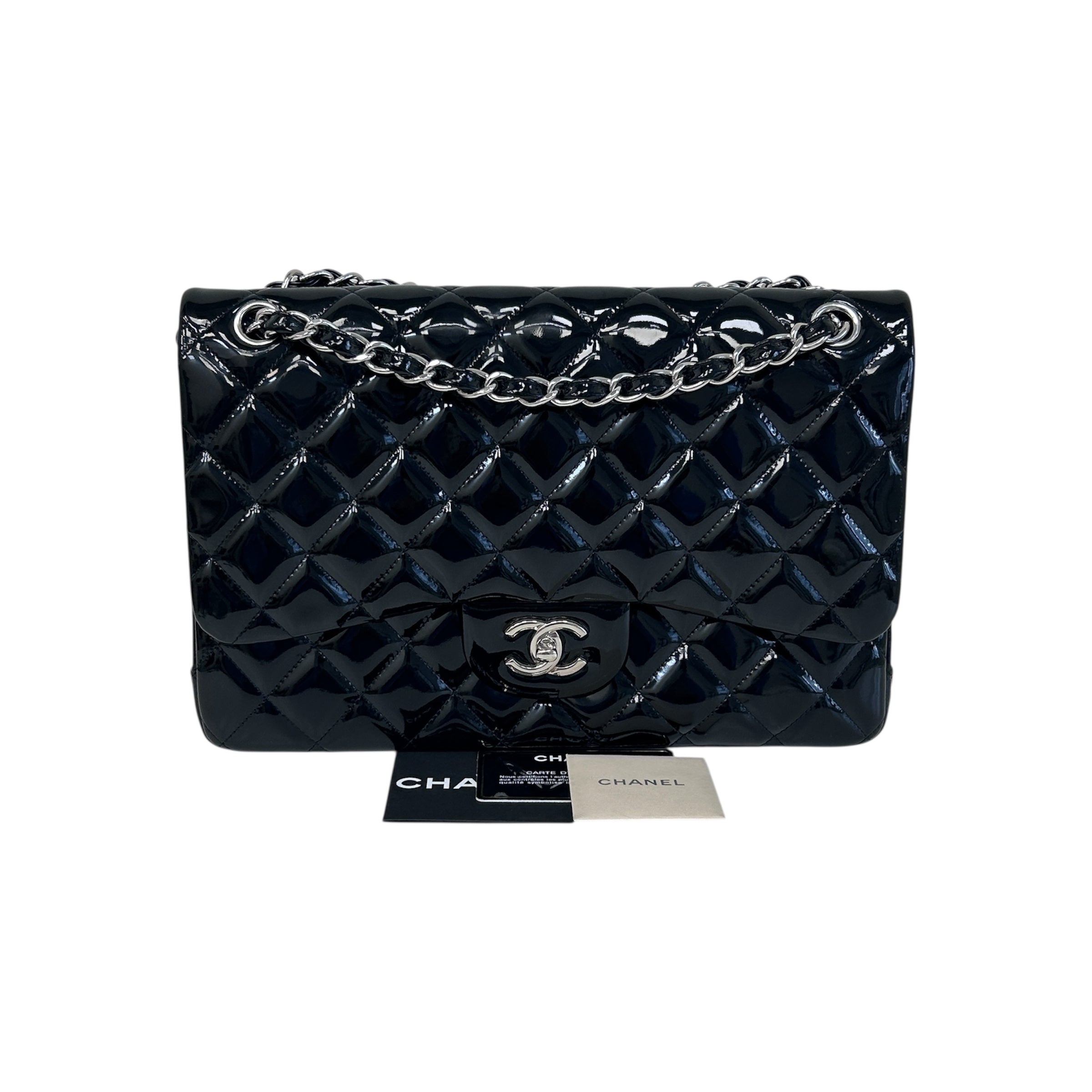 Black Patent Quilted Leather Double Flap Jumbo W/SHW