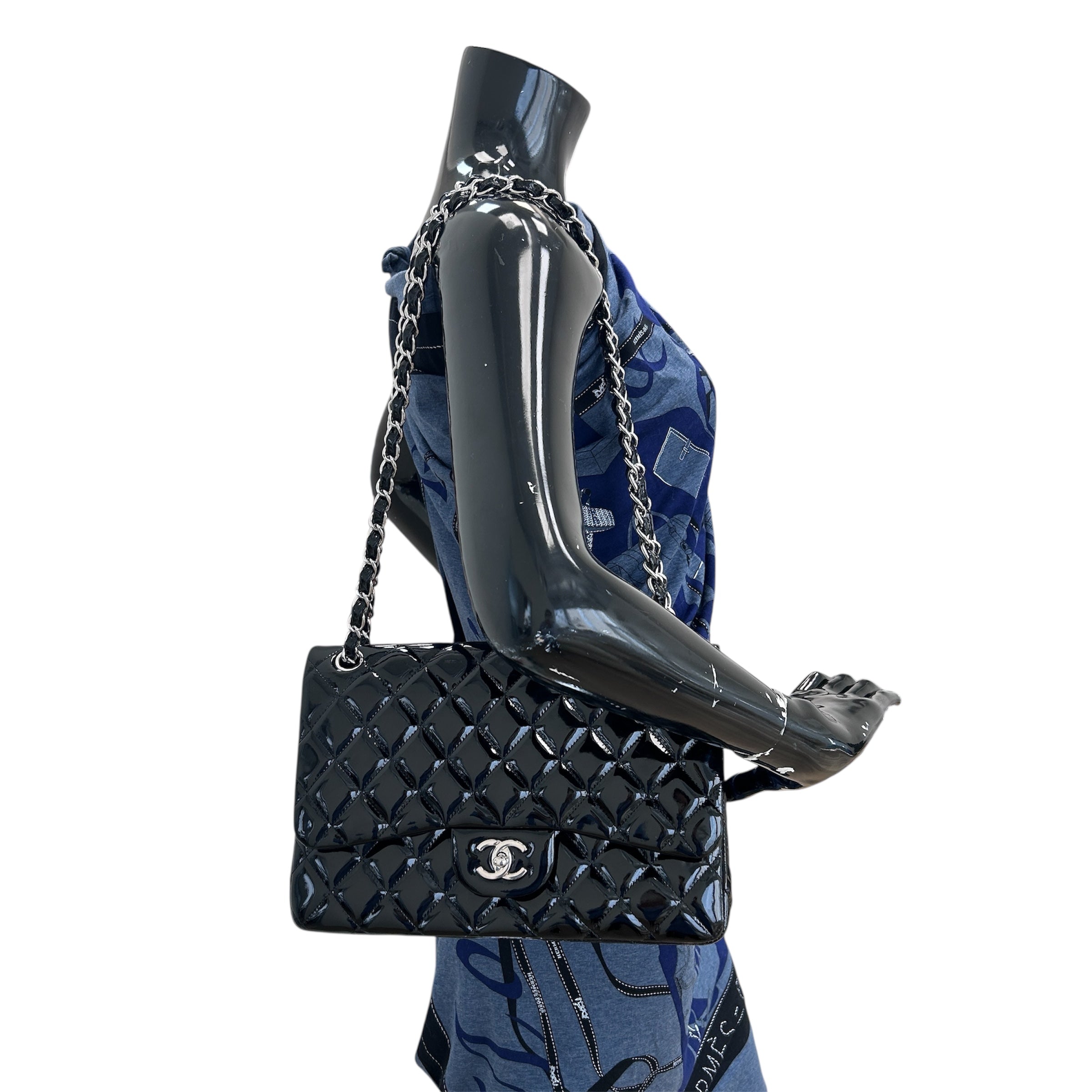 Black Patent Quilted Leather Double Flap Jumbo W/SHW