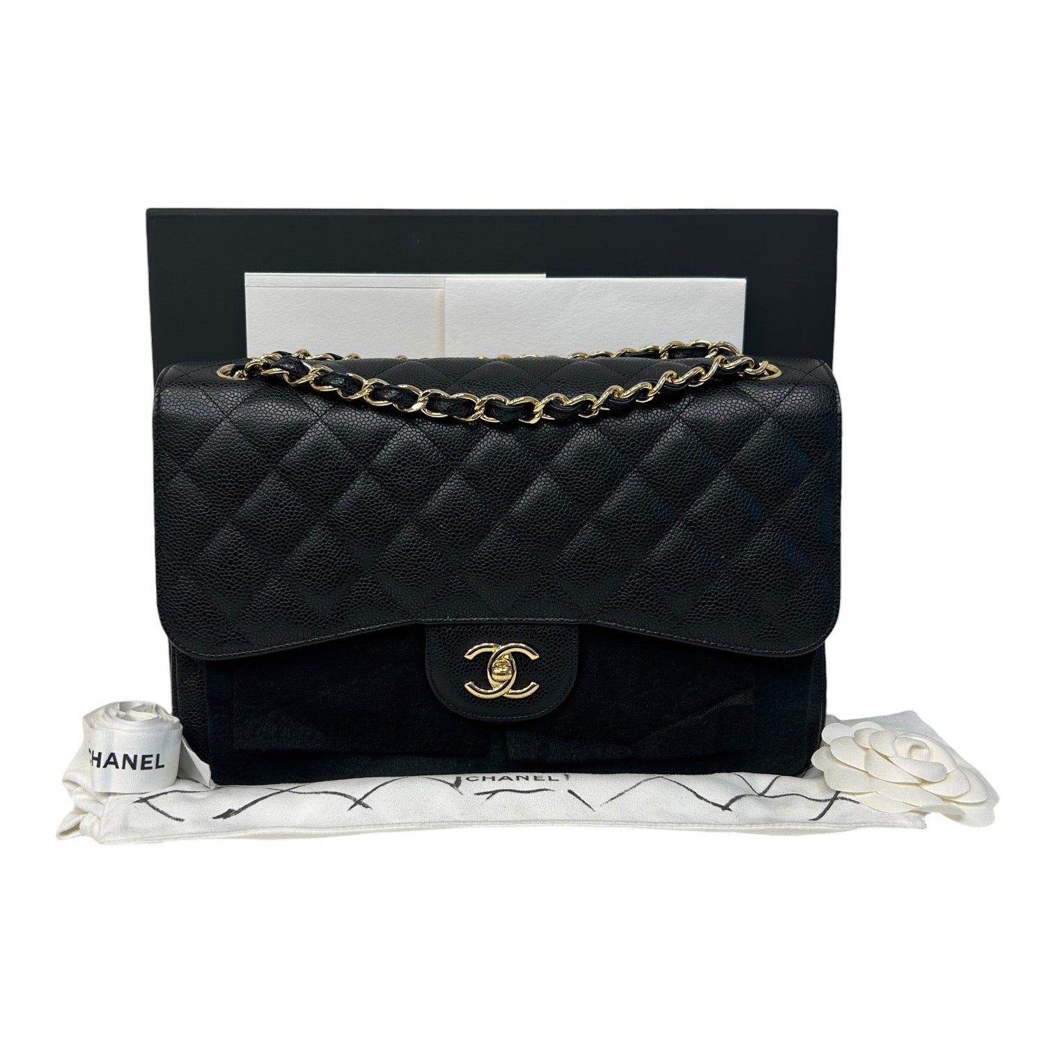 Black Caviar Leather Classic Jumbo Double Flap Bag w/GHW