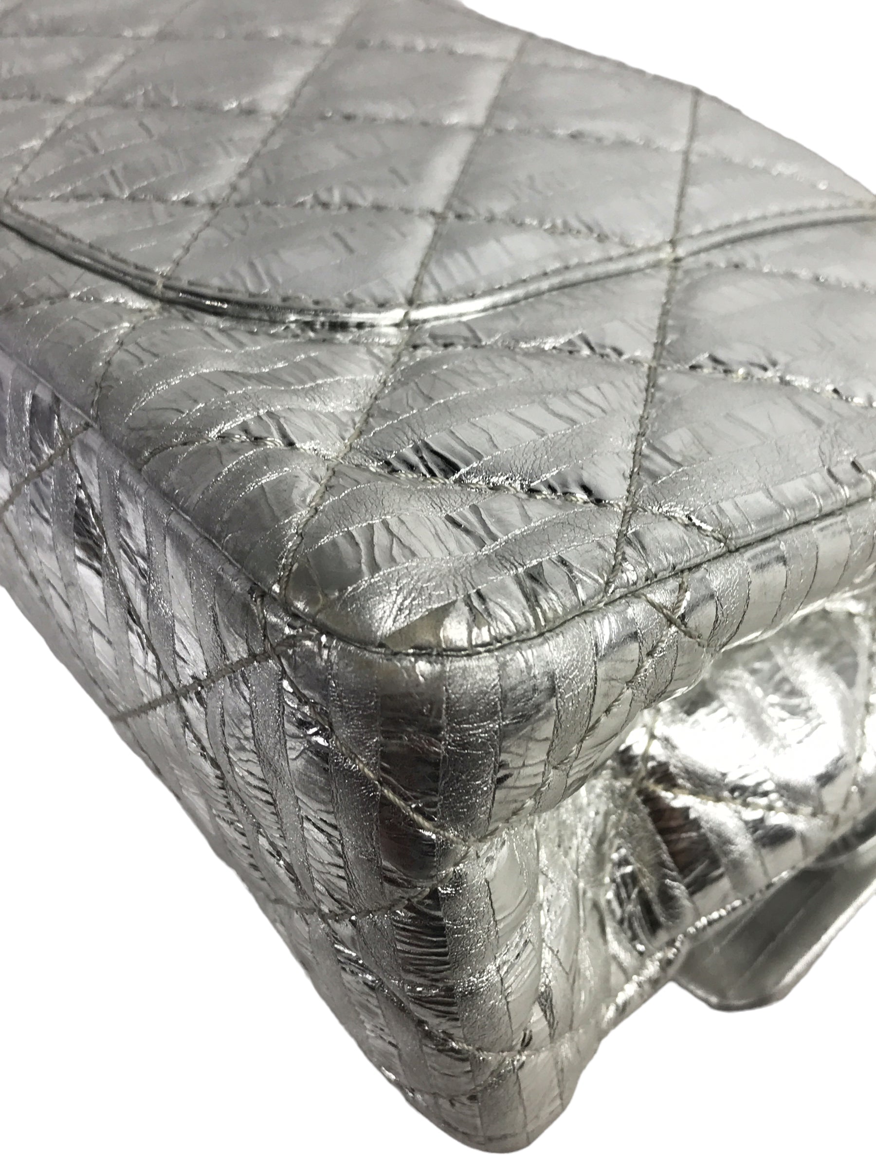 Metallic Silver Quilted Leather Striped Reissue 2.55 Classics 227 Double Flap Bag w/SHW
