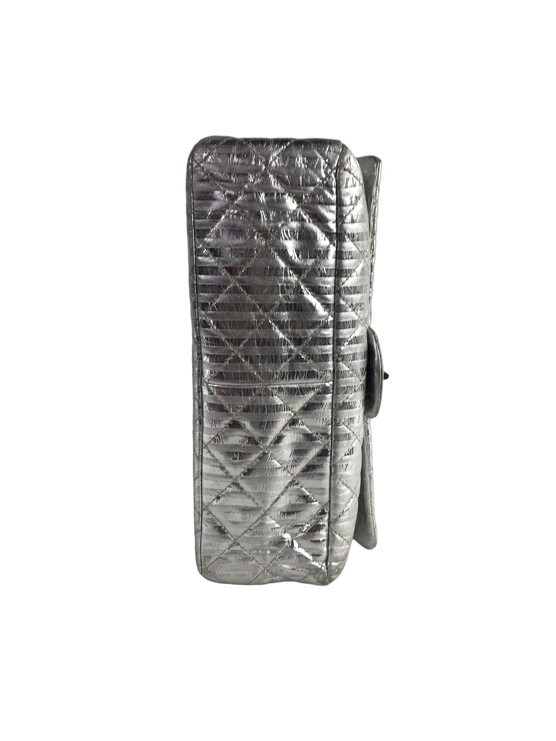 Metallic Silver Quilted Leather Striped Reissue 2.55 Classics 227 Double Flap Bag w/SHW