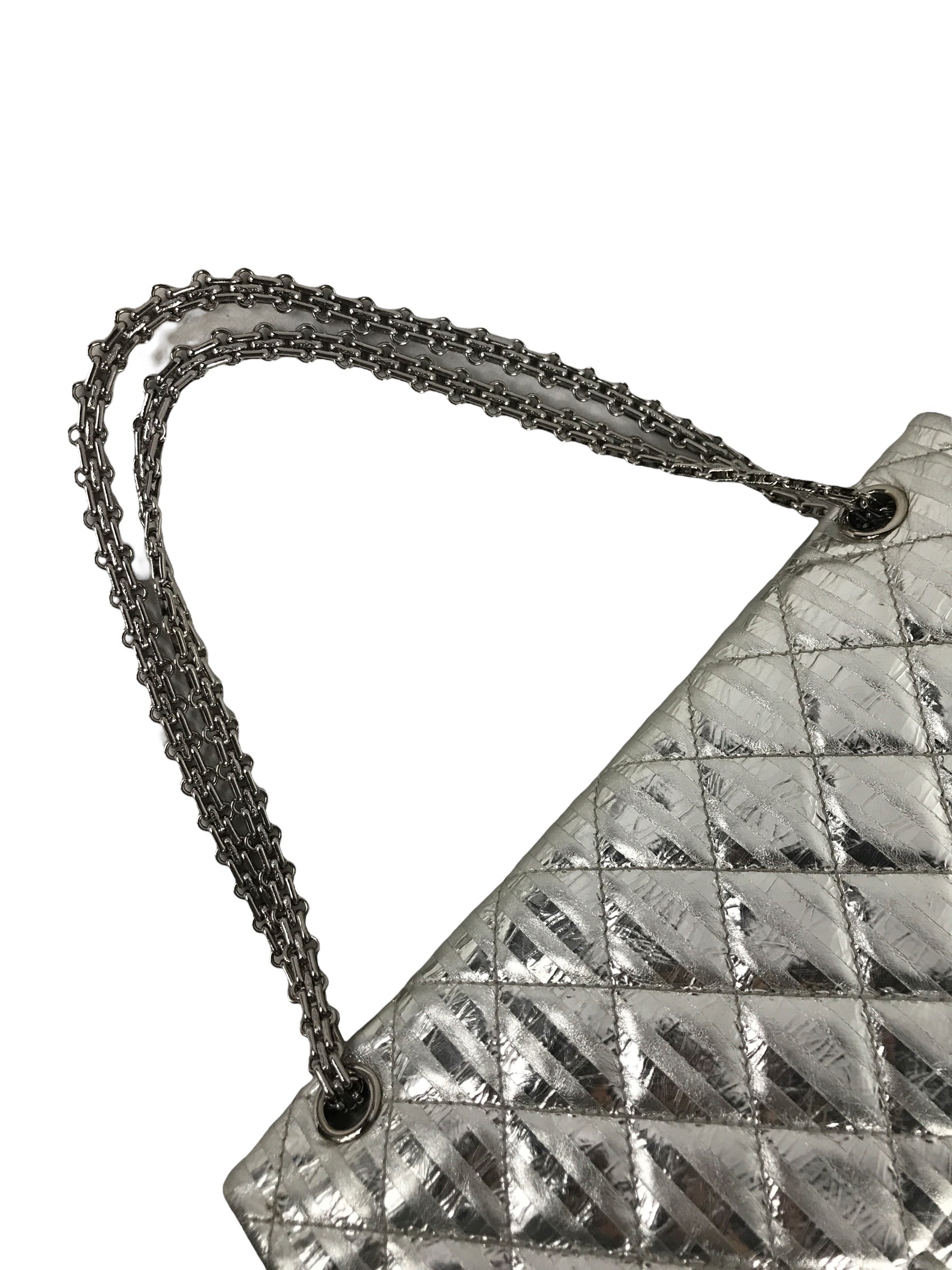 Metallic Silver Quilted Leather Striped Reissue 2.55 Classics 227 Double Flap Bag w/SHW