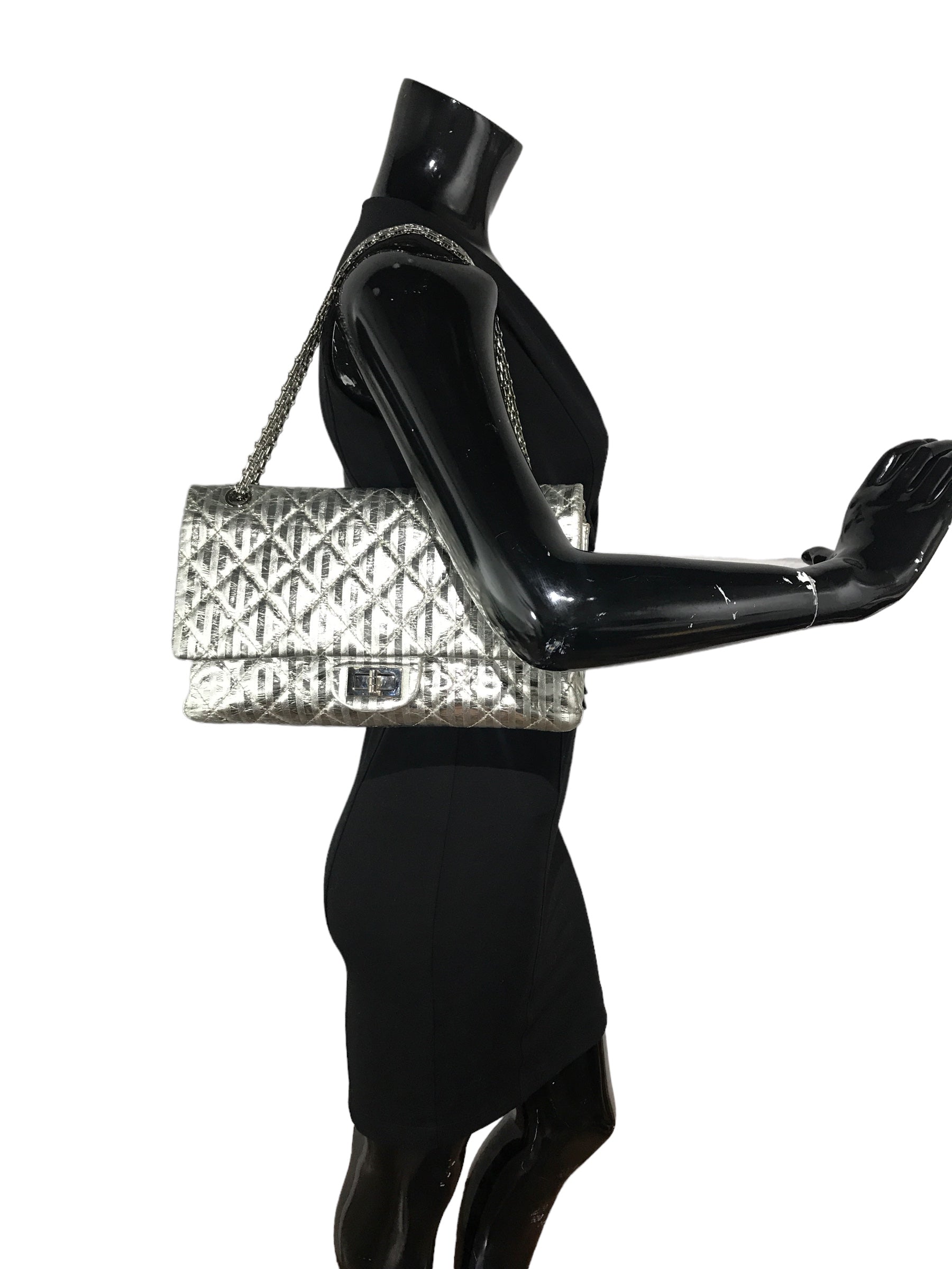 Metallic Silver Quilted Leather Striped Reissue 2.55 Classics 227 Double Flap Bag w/SHW