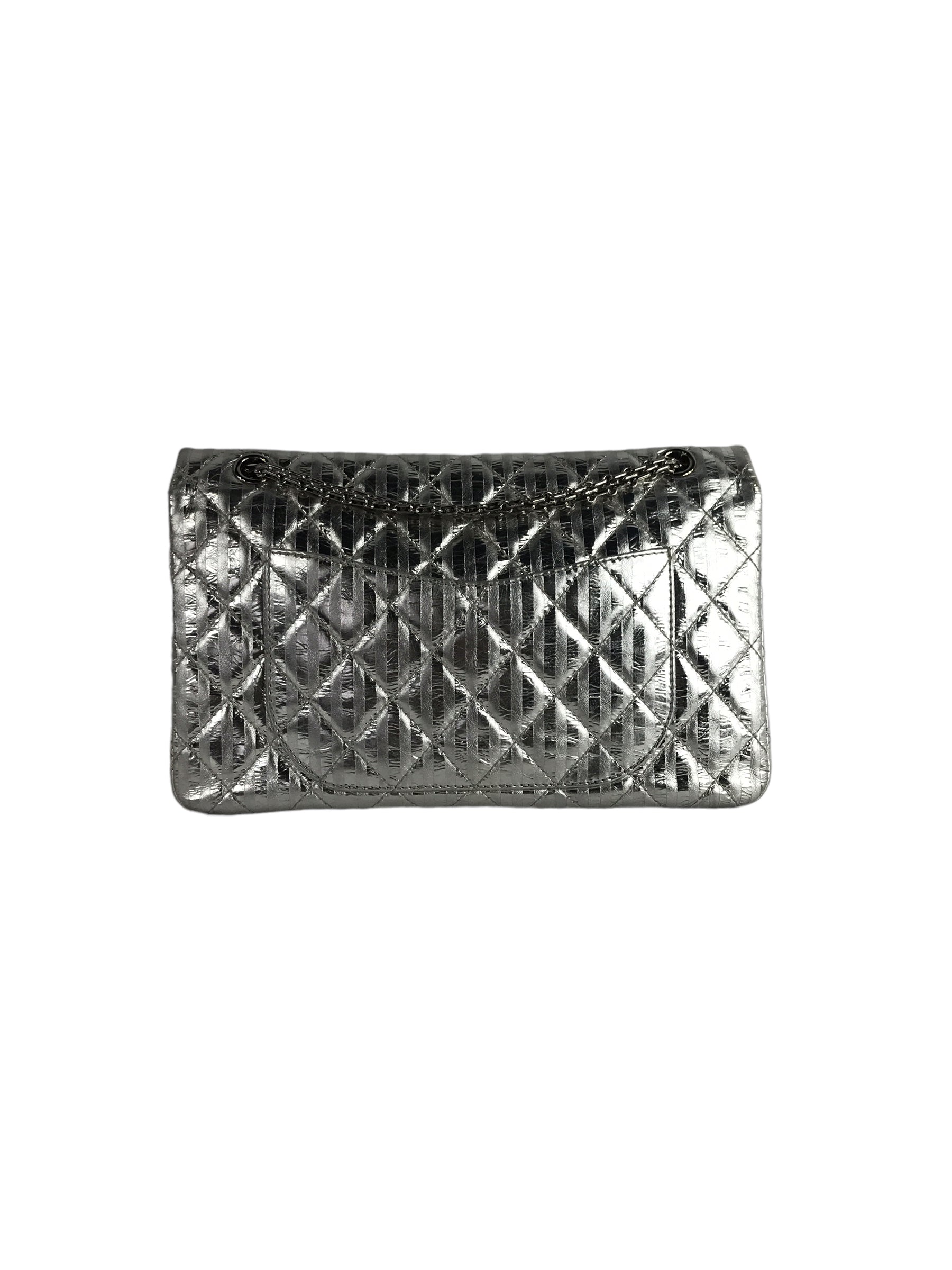 Metallic Silver Quilted Leather Striped Reissue 2.55 Classics 227 Double Flap Bag w/SHW