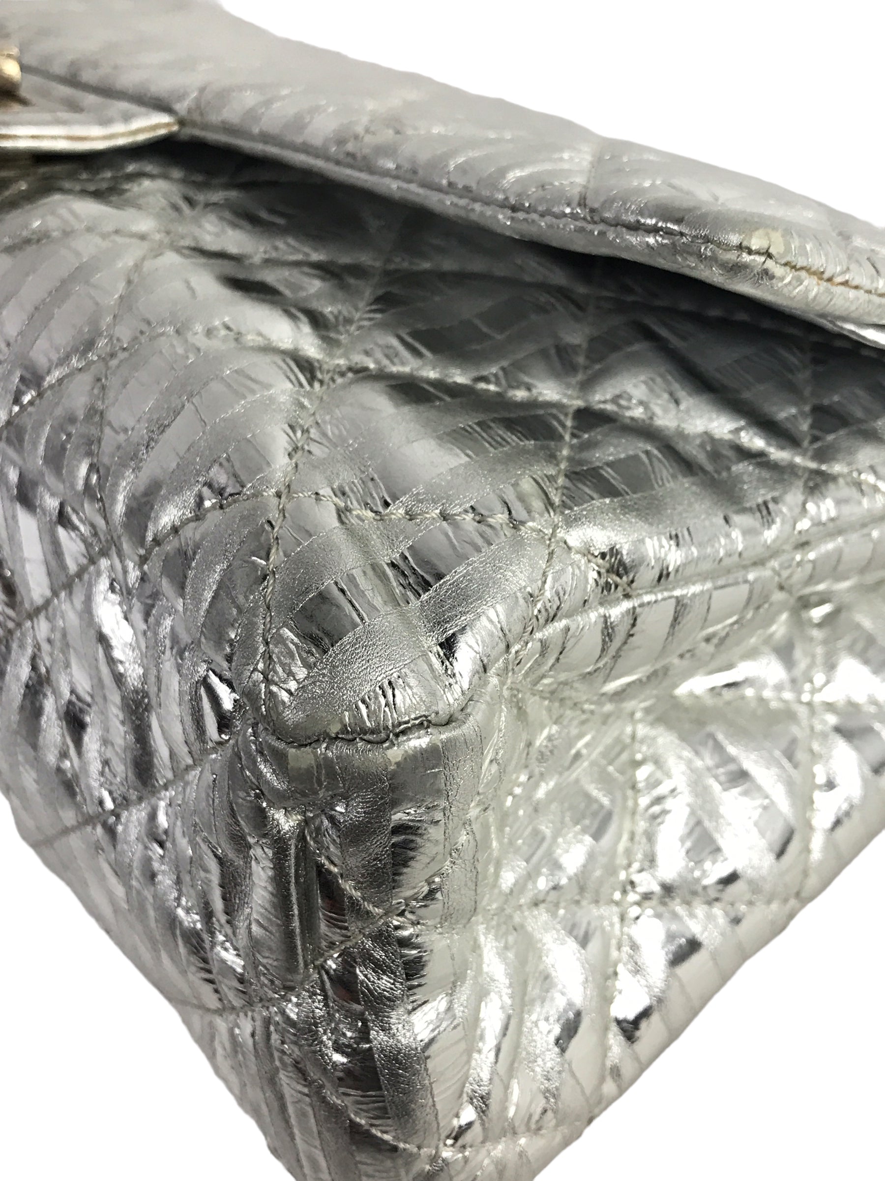 Metallic Silver Quilted Leather Striped Reissue 2.55 Classics 227 Double Flap Bag w/SHW