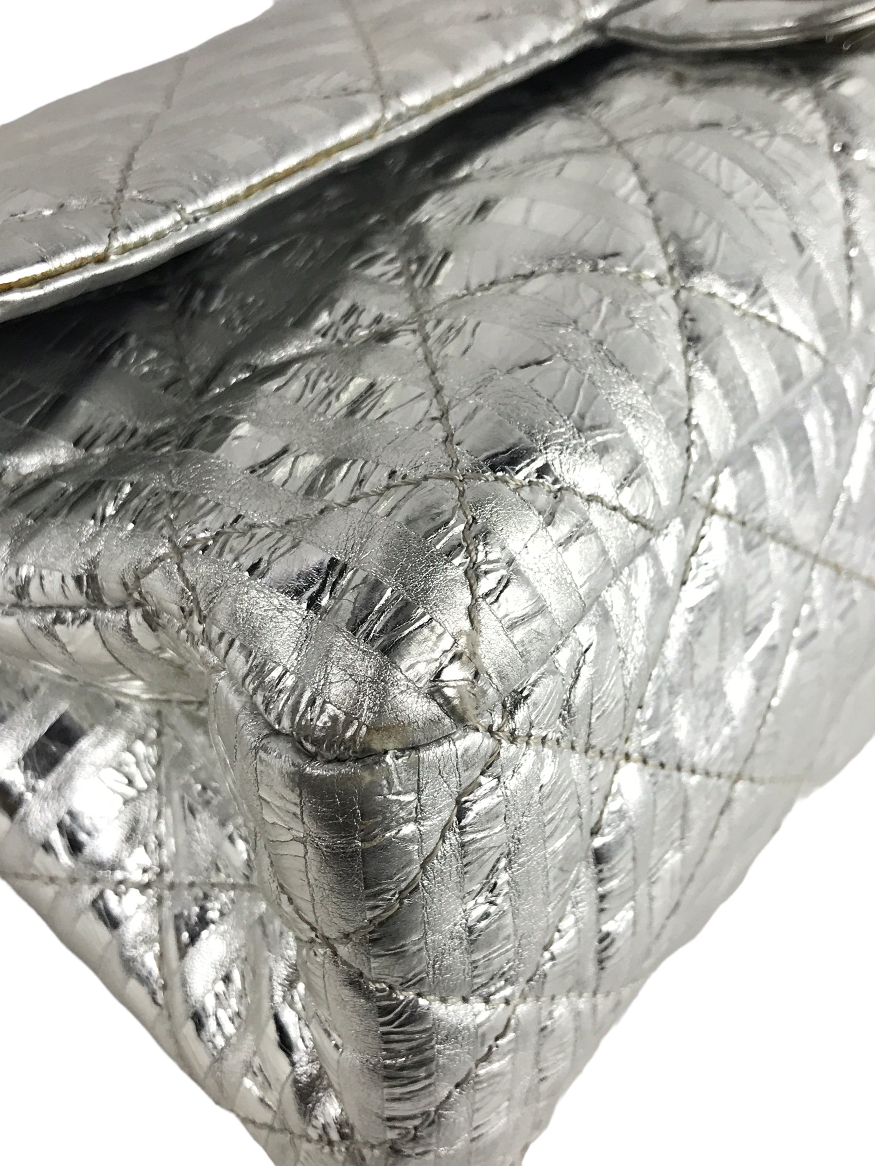 Metallic Silver Quilted Leather Striped Reissue 2.55 Classics 227 Double Flap Bag w/SHW