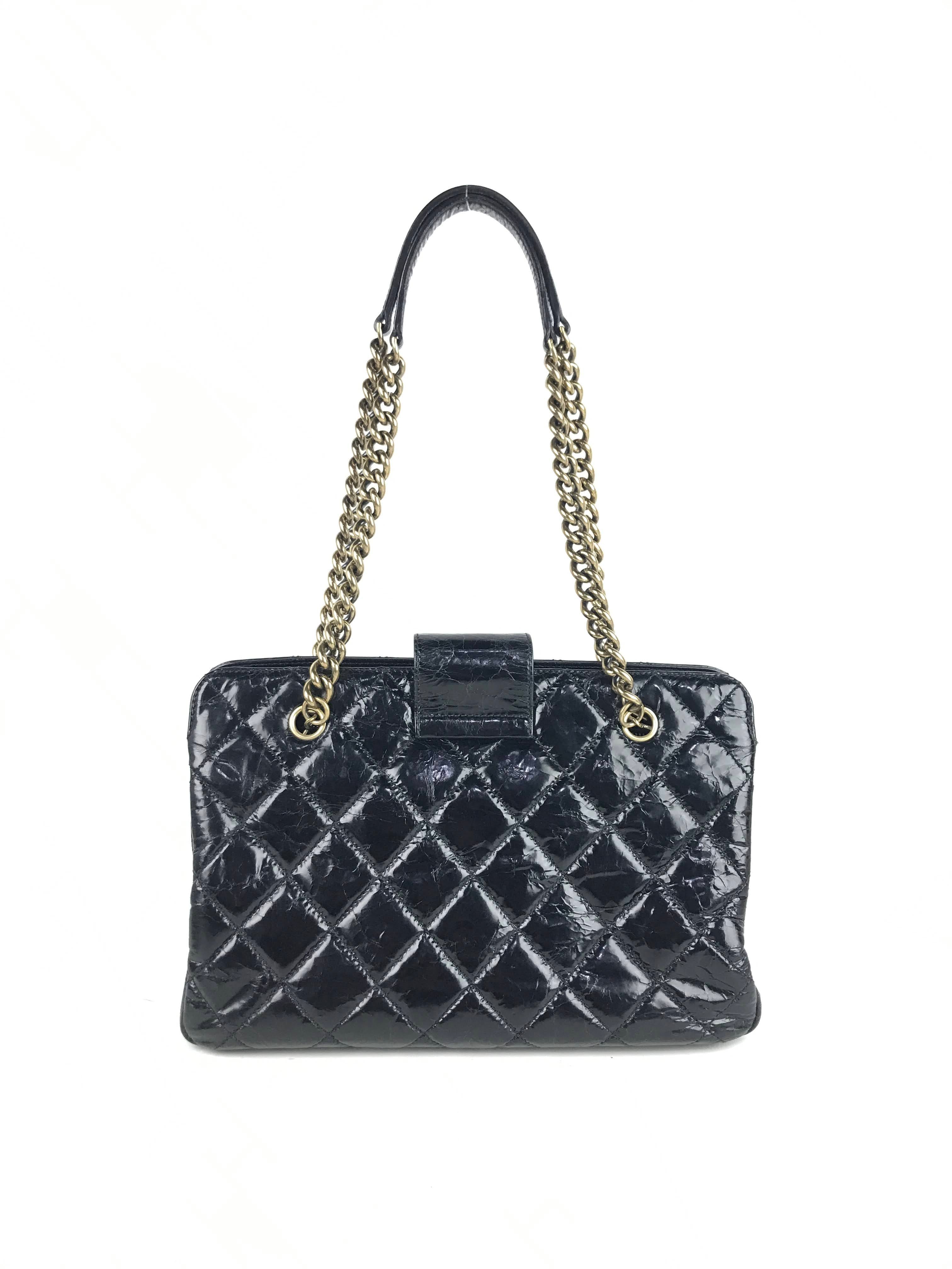 Black Crinkled Glazed Reissue Shopping Tote W/AGHW/RHW