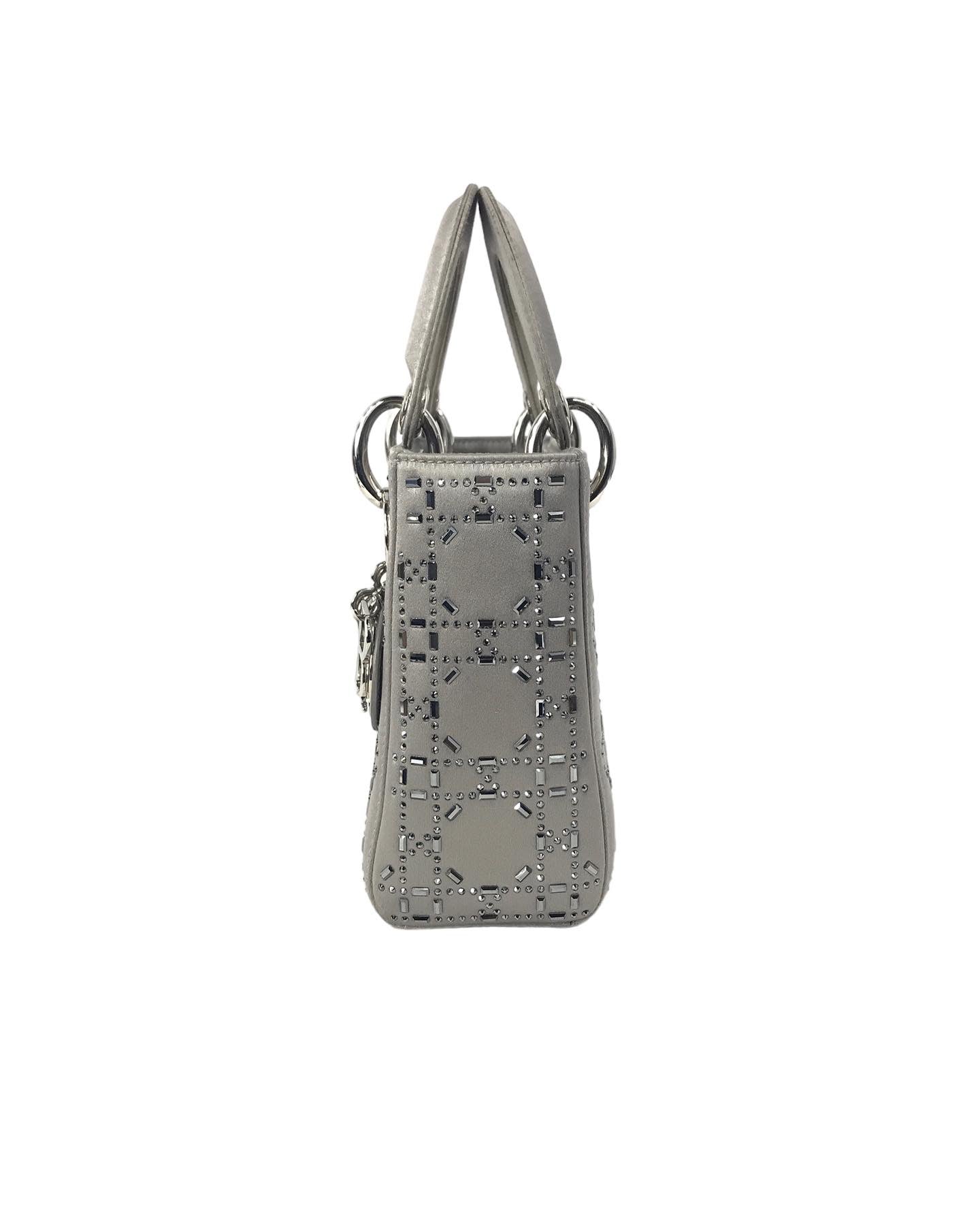 Grey Satin Crystal Cannage Mini Lady Dior w/SHW