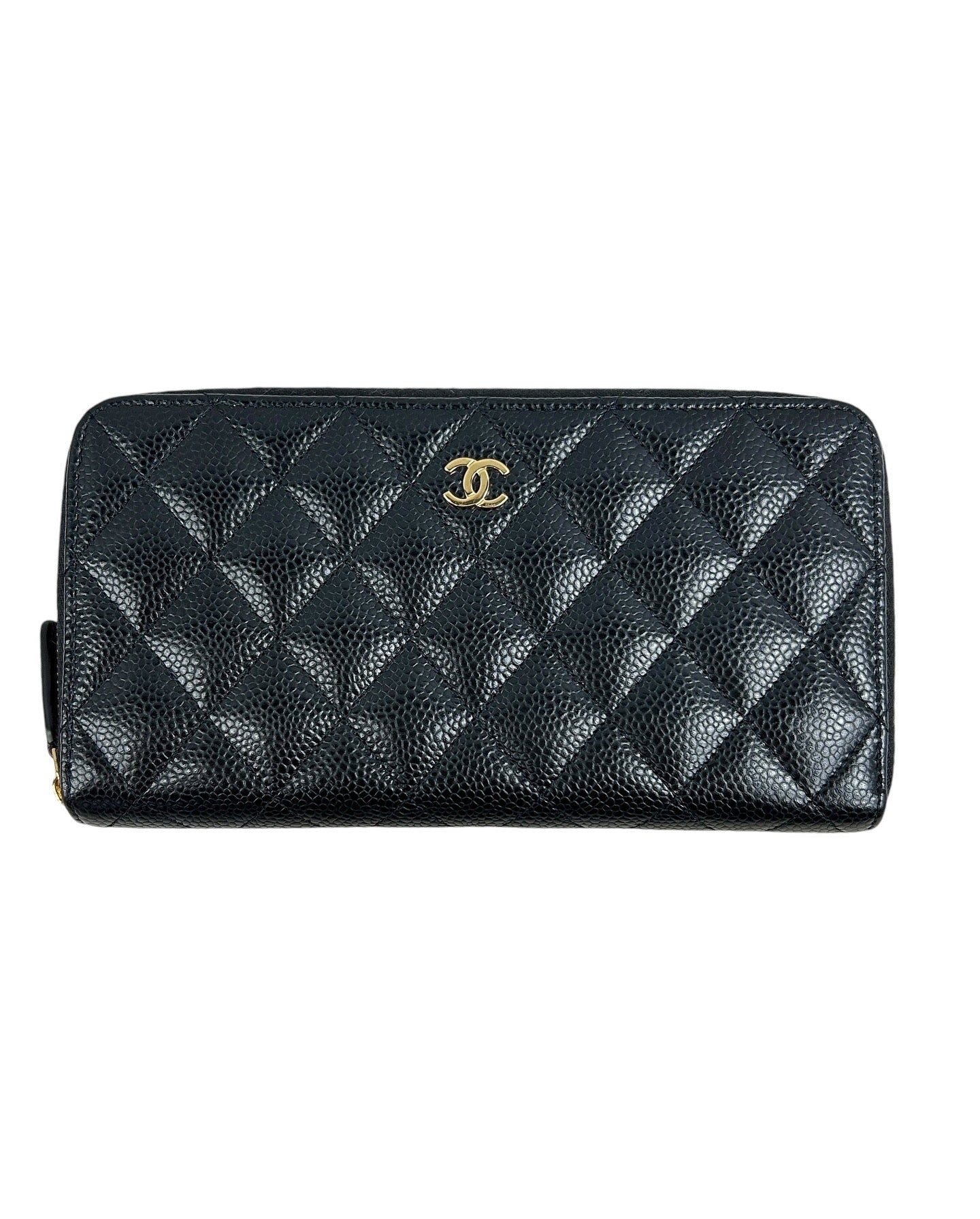 Black Caviar Quilted Long Zippy Wallet w/GHW