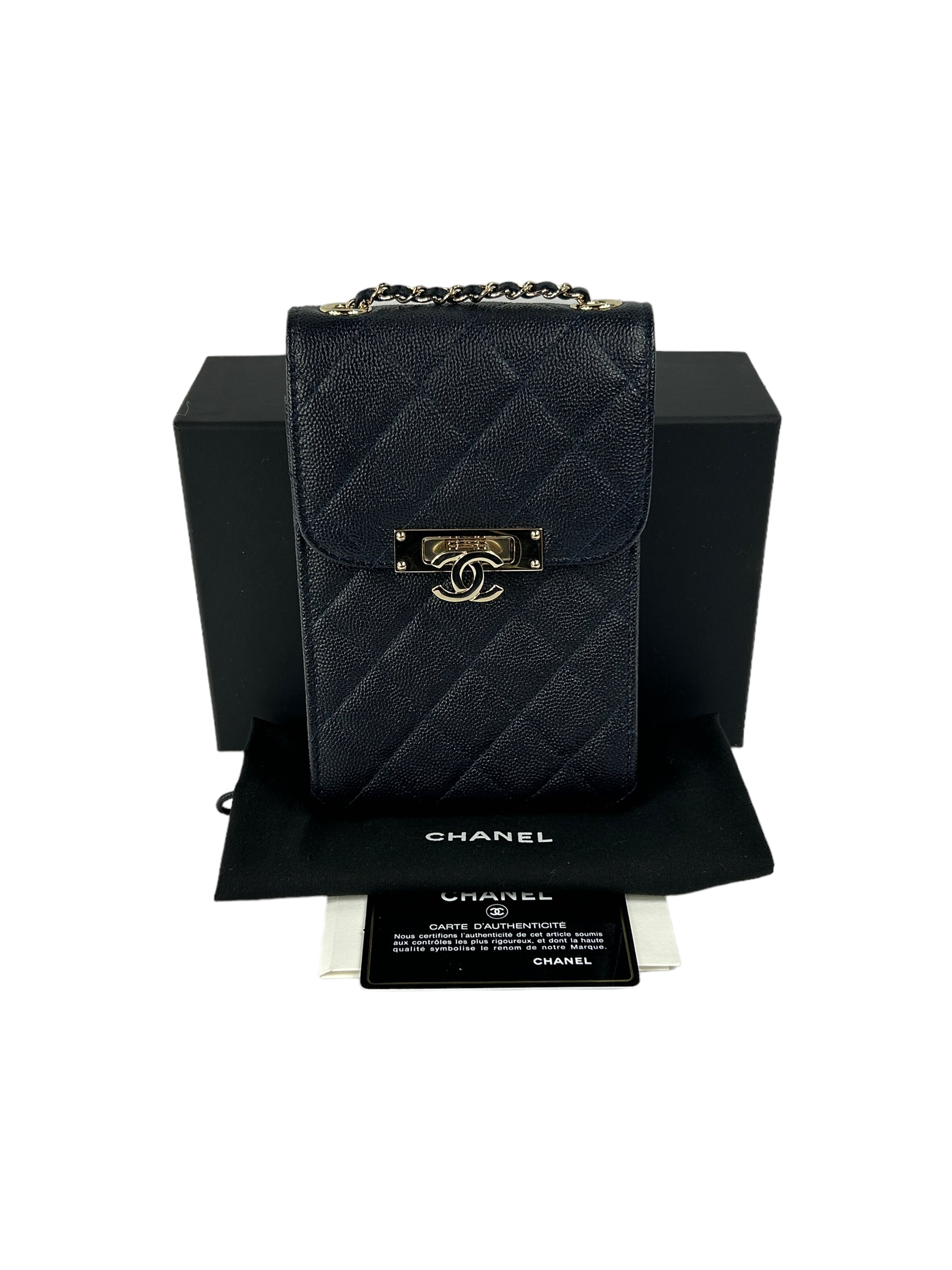 Navy Quilted Caviar Leather Golden Class Phone Holder w/LGHW