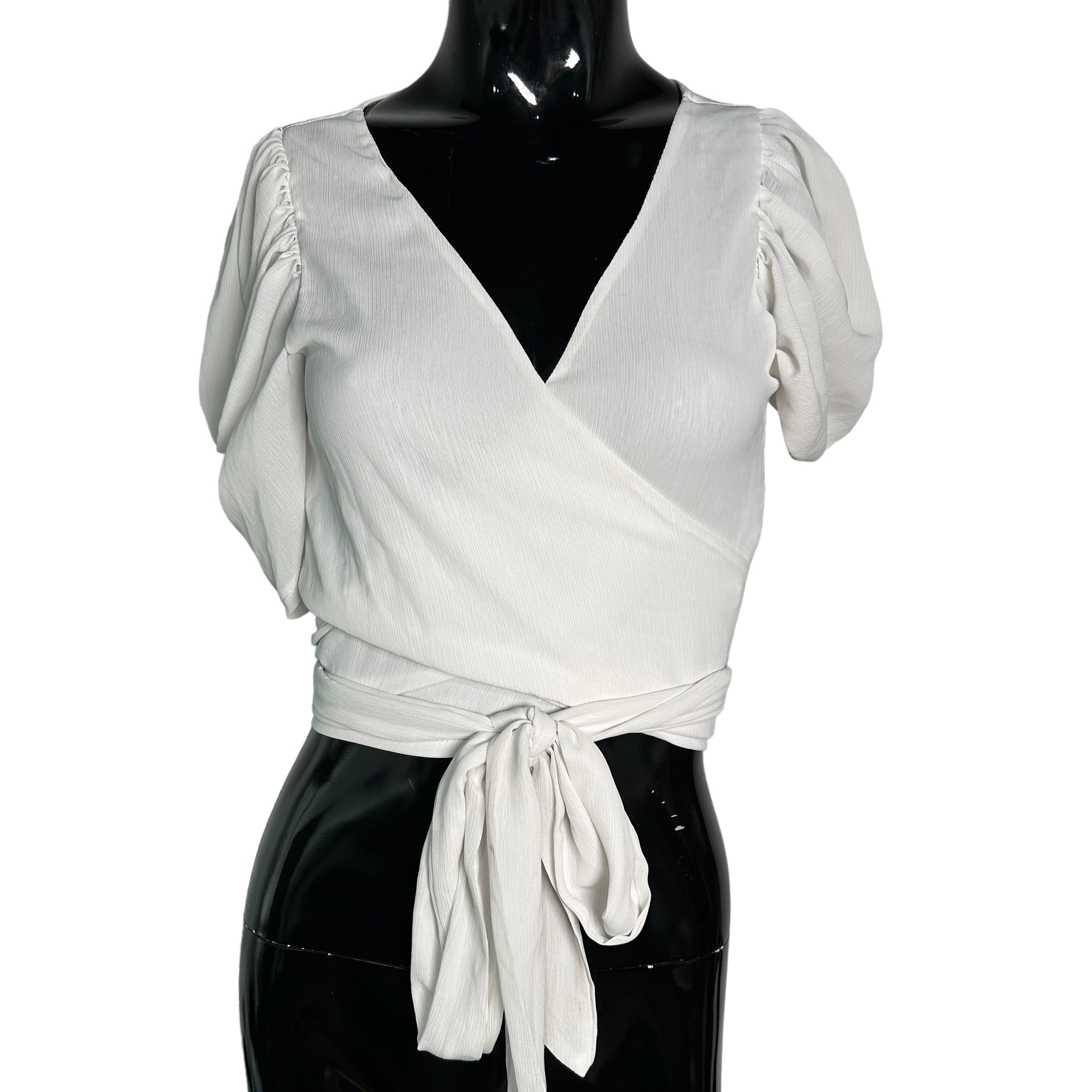 LOVESONG White Puff Short Sleeve Wrap Cropped Blouse