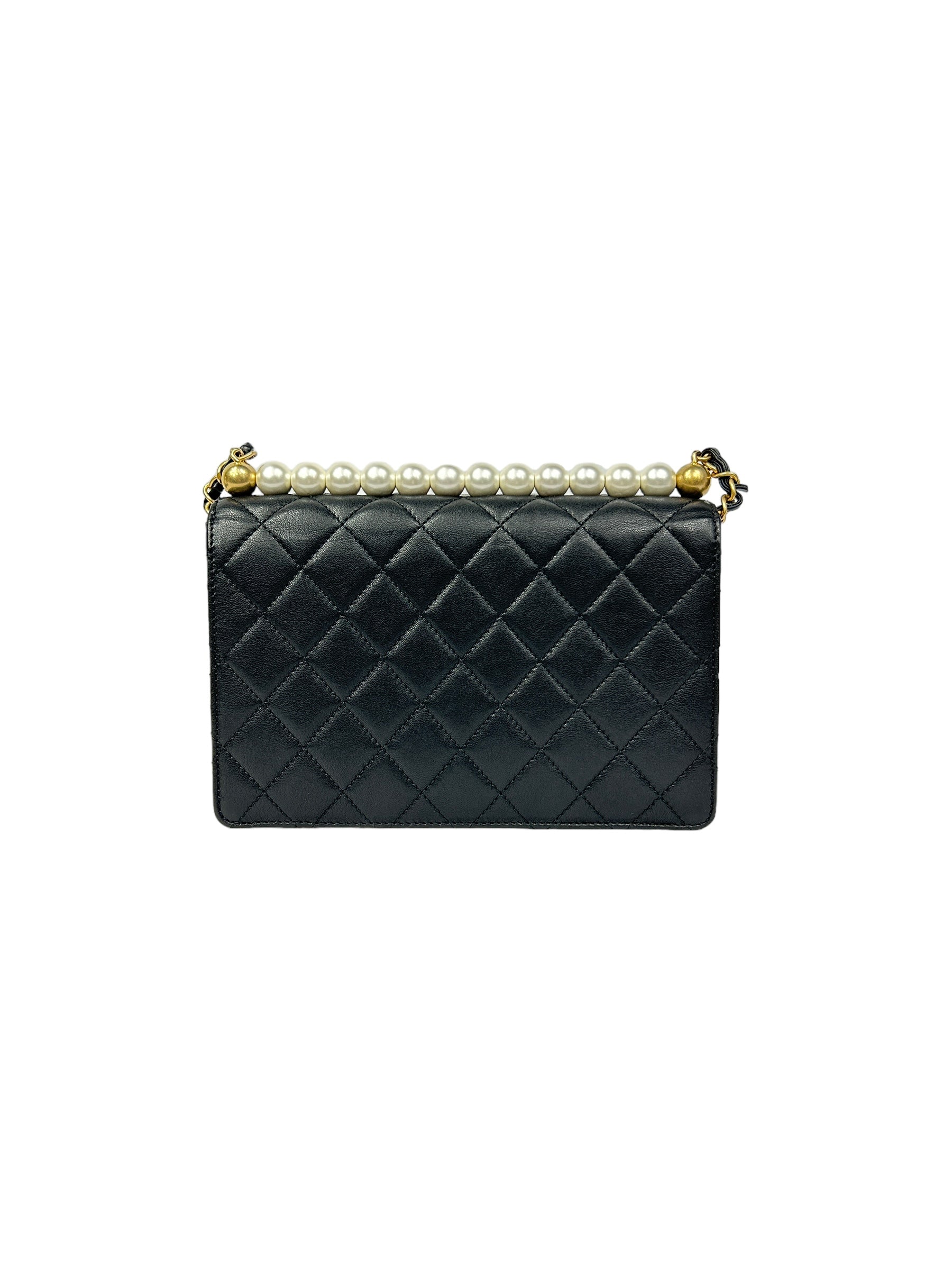 Black Quilted Calfskin Leather Small Chic Faux Pearl Flap Bag w/AGHW