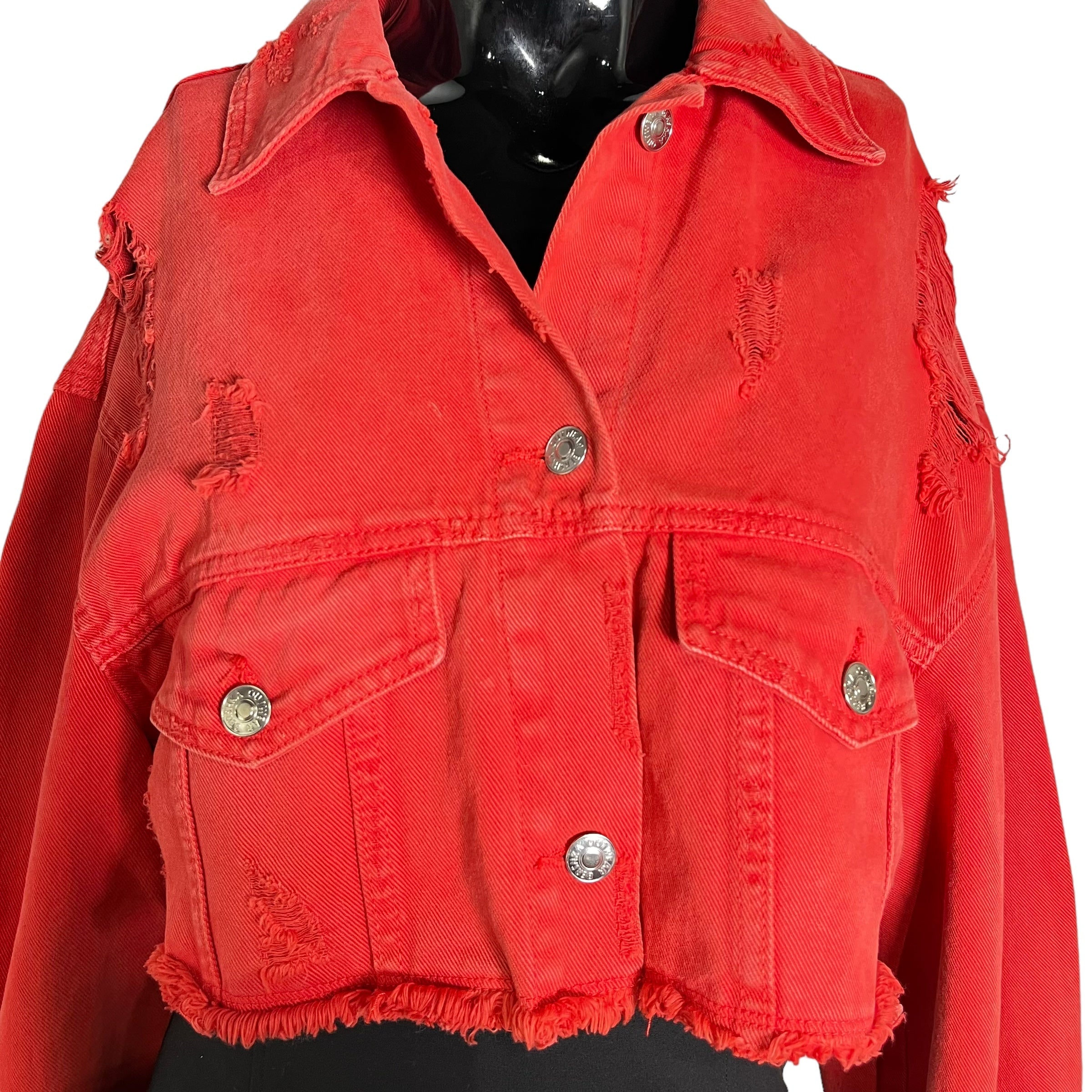 BERSHKA Red Denim Aged Crop Jacket