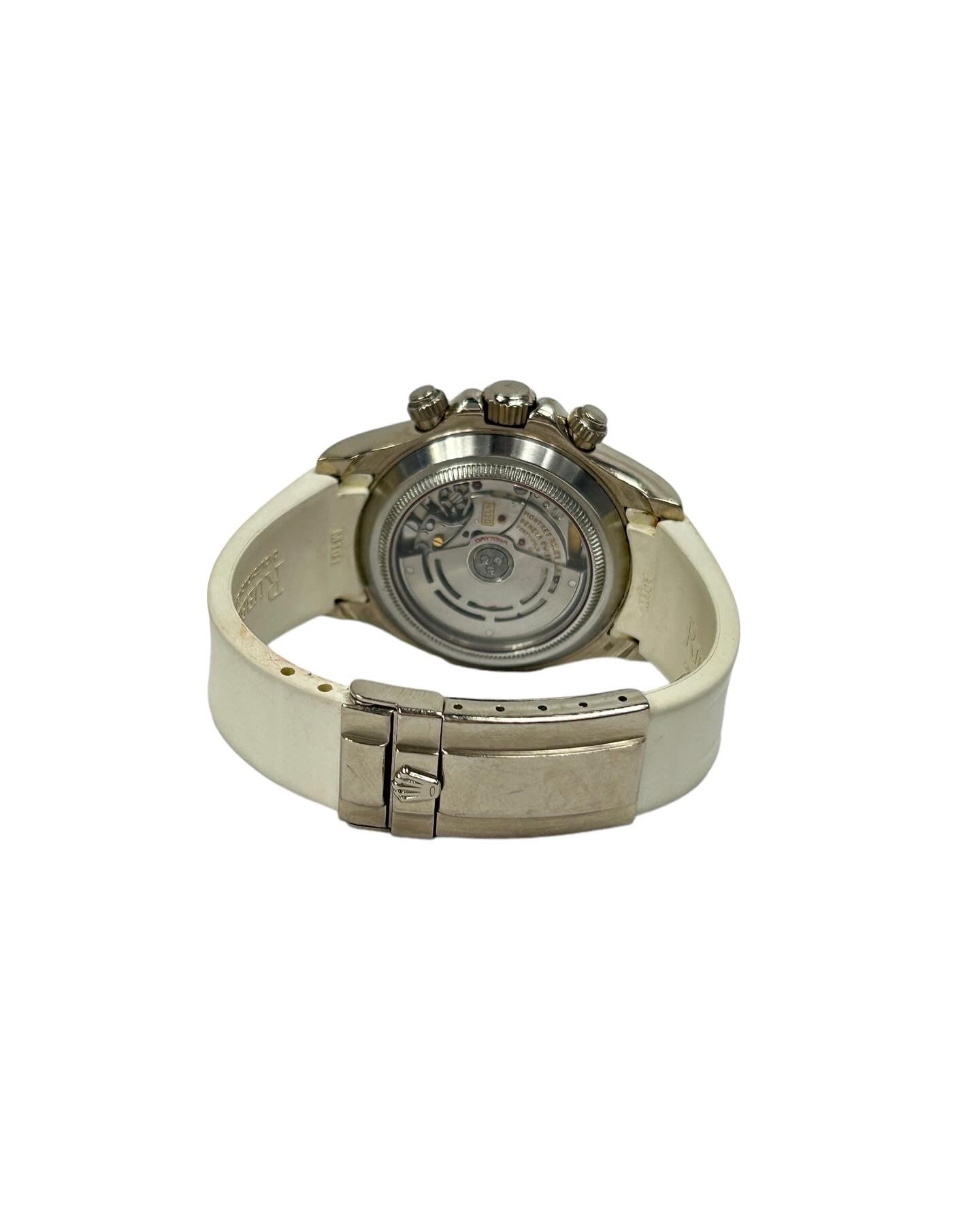 Daytona 18K White Gold Emerald Cut Diamond Cosmograph Watch w/ Oysterflex White Rubber Band