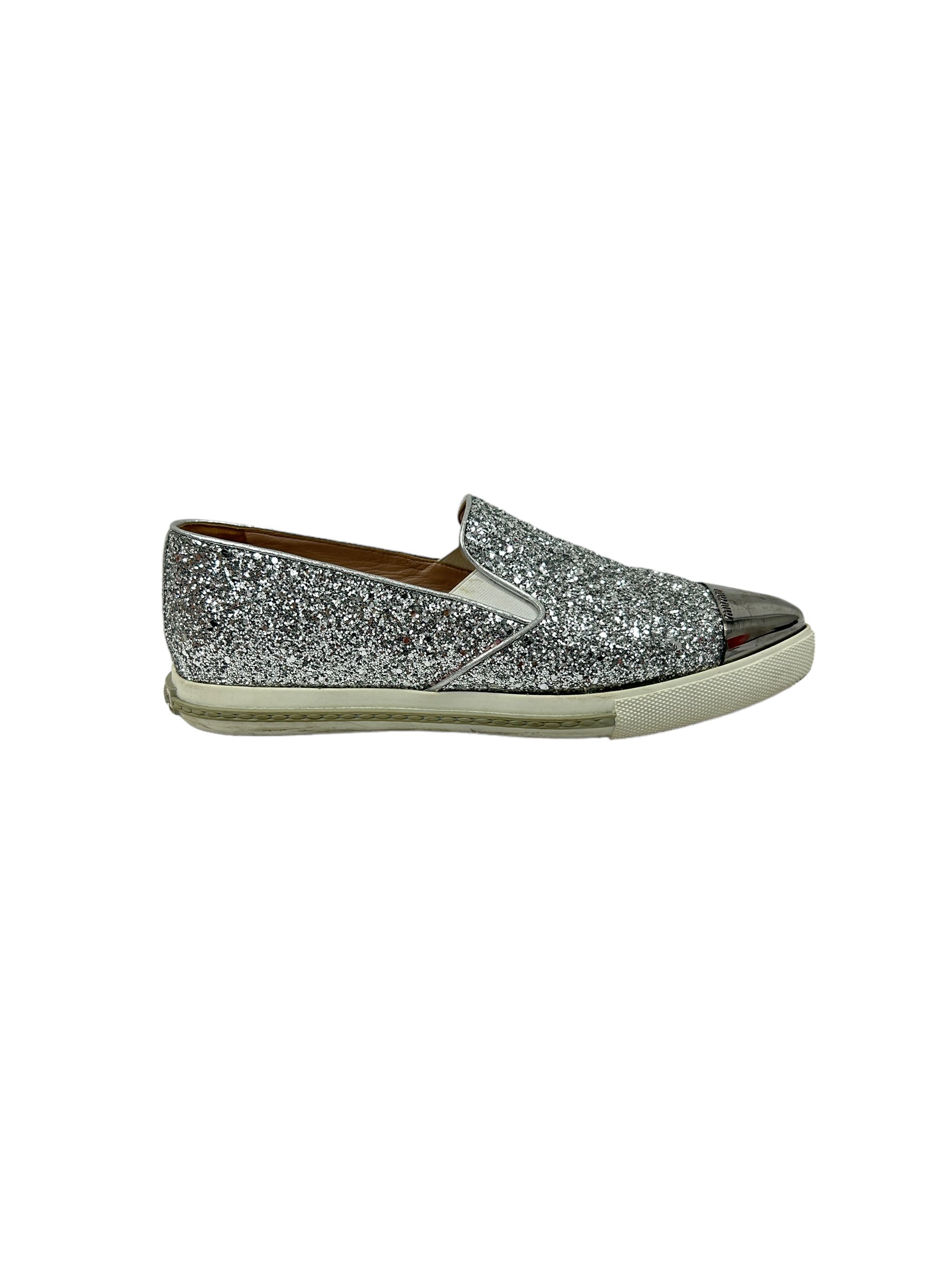 Silver Glitter Pointed Toe Slip On Sneaker