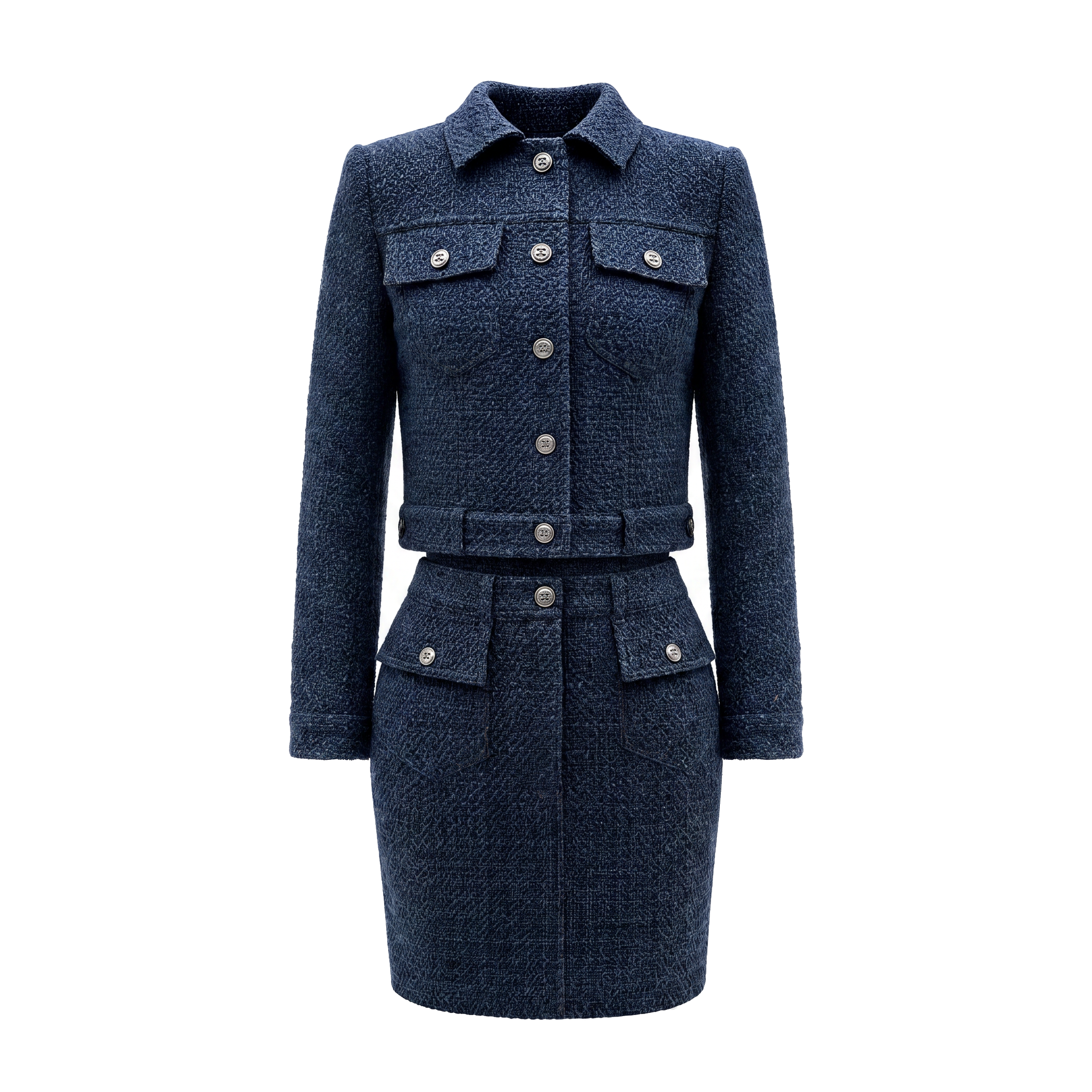 CC Button Blue Tweed Jacket & Skirt Set