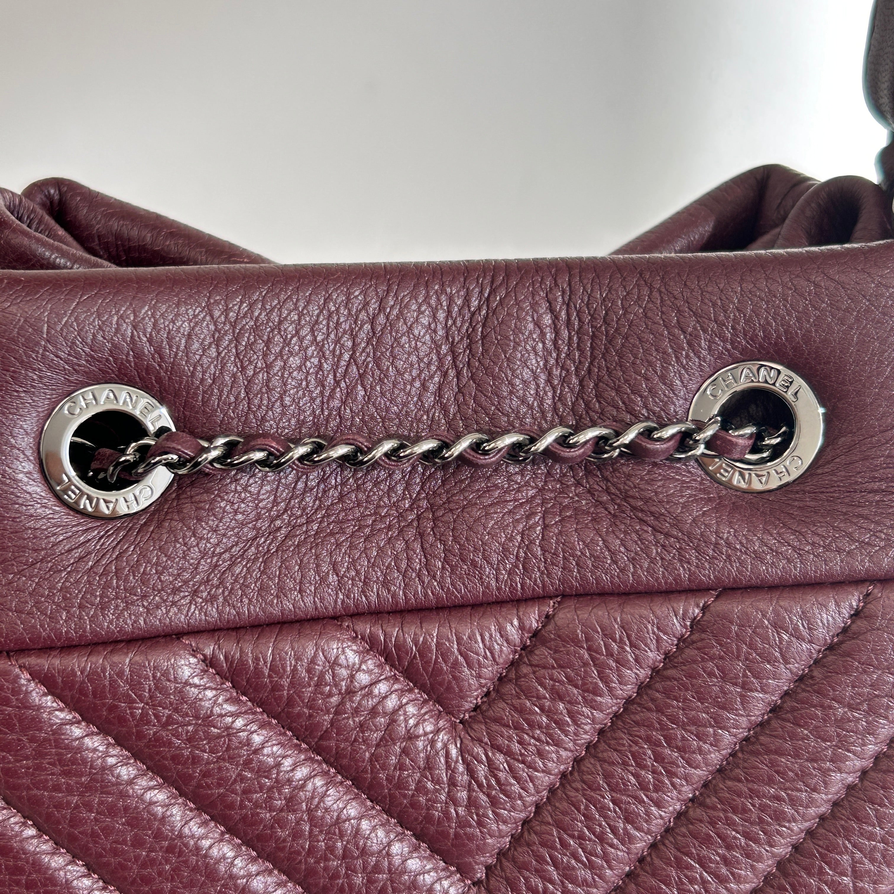 Burgundy Deerskin Small Chain Bucket Bag w/SHW