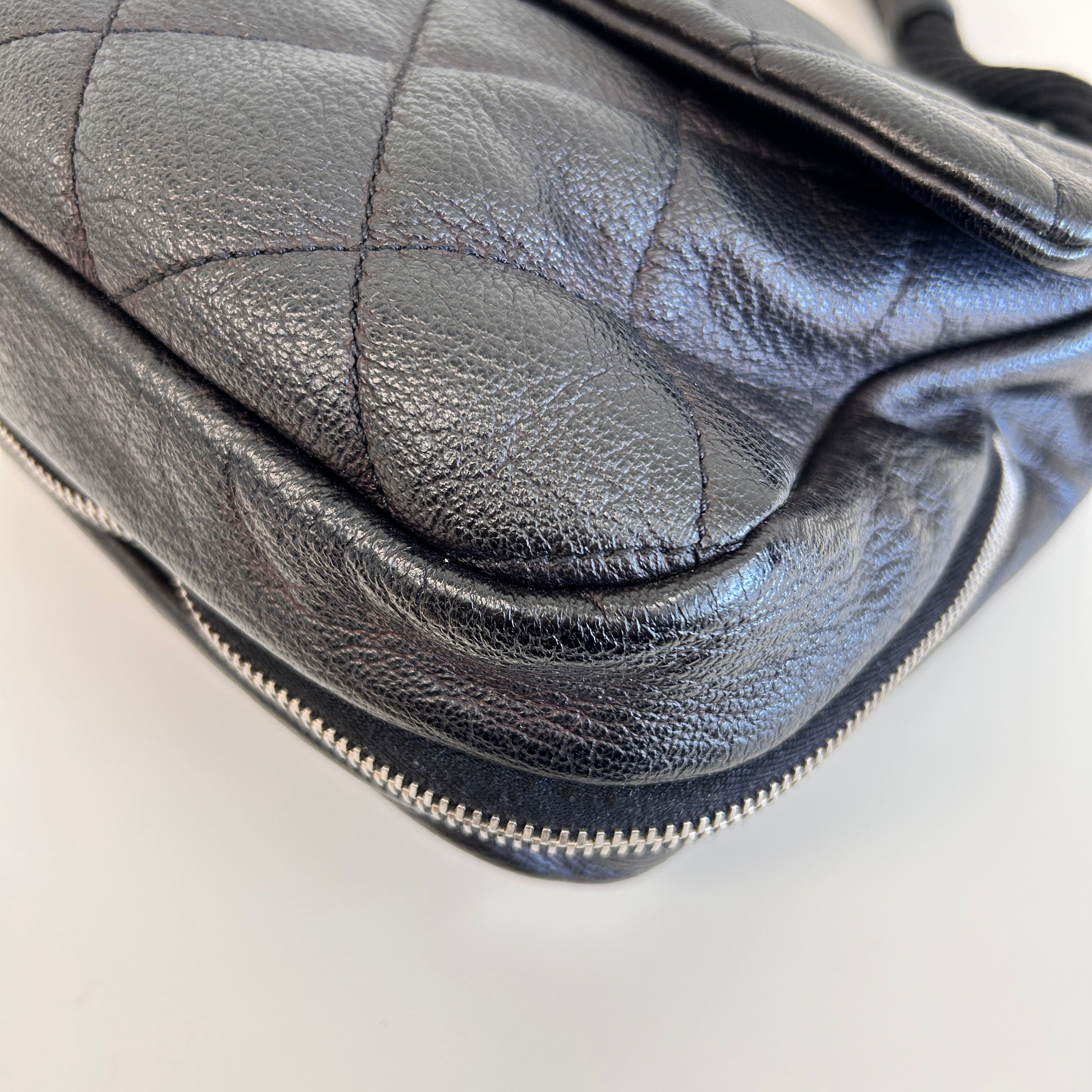 Black Pebbed Calfskin Leather Bag w/Expandable Zipper Bottom Detail