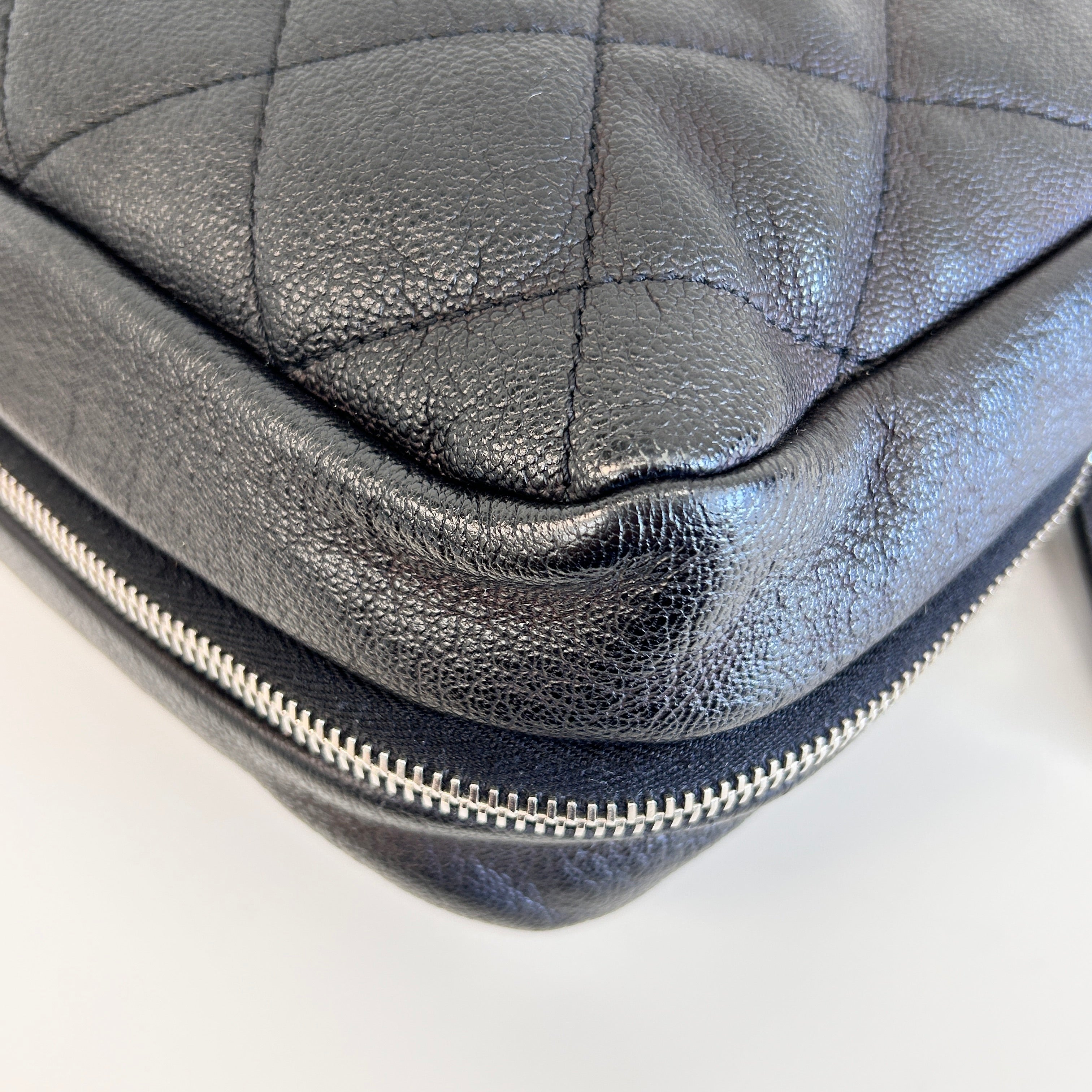 Black Pebbed Calfskin Leather Bag w/Expandable Zipper Bottom Detail