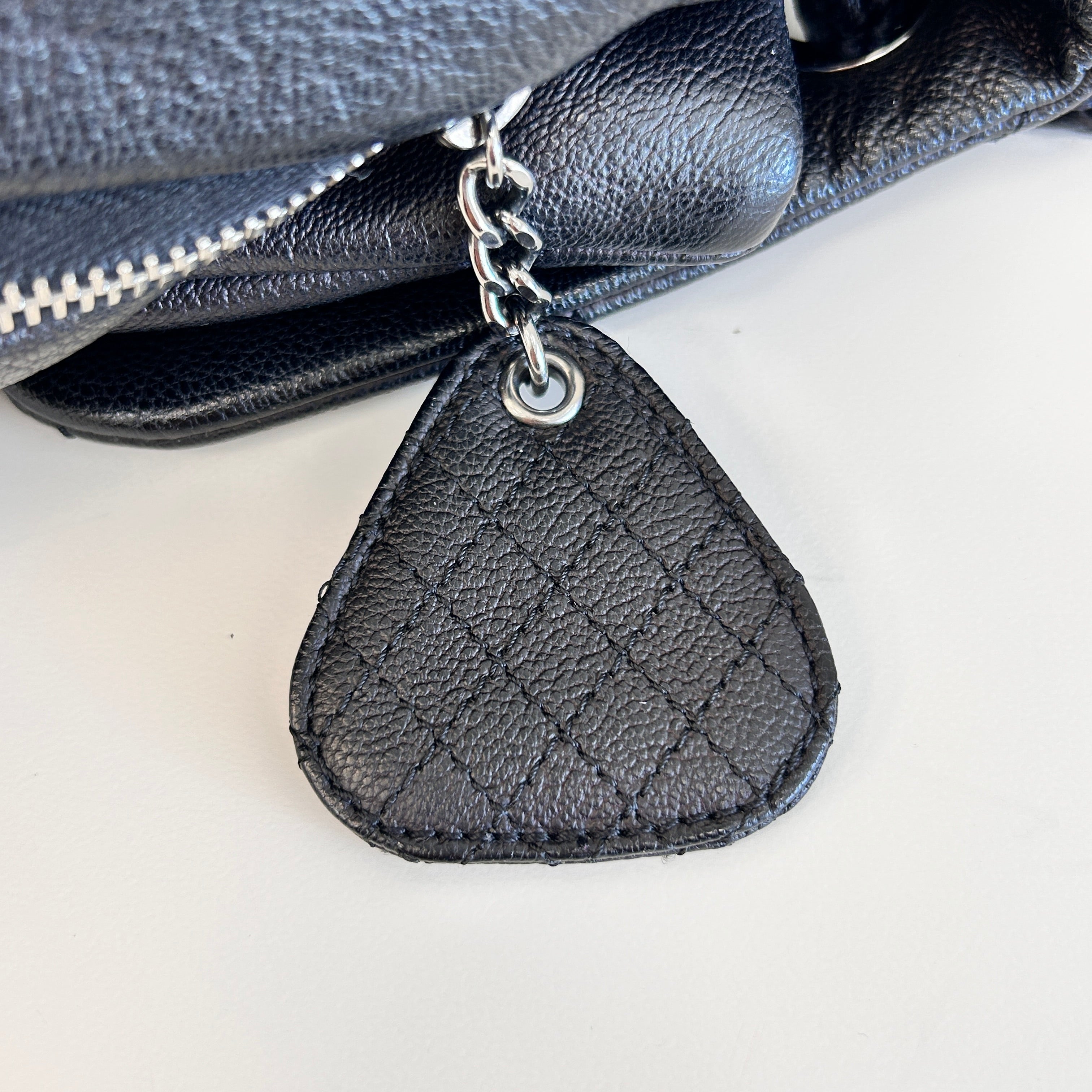 Black Pebbed Calfskin Leather Bag w/Expandable Zipper Bottom Detail