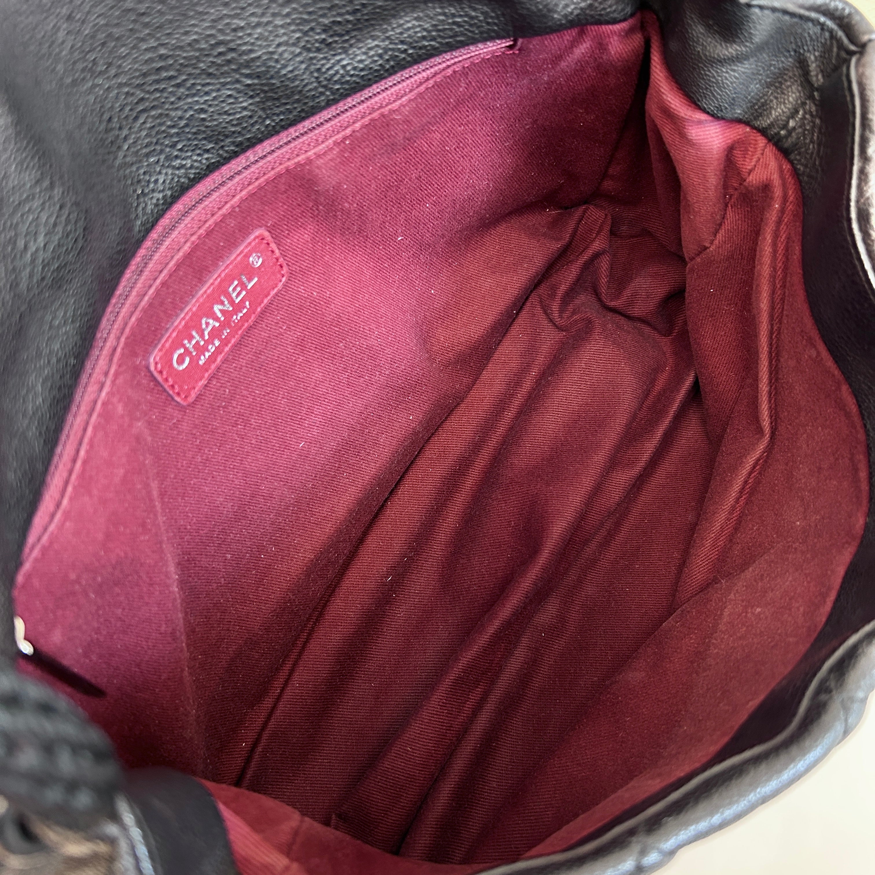 Black Pebbed Calfskin Leather Bag w/Expandable Zipper Bottom Detail