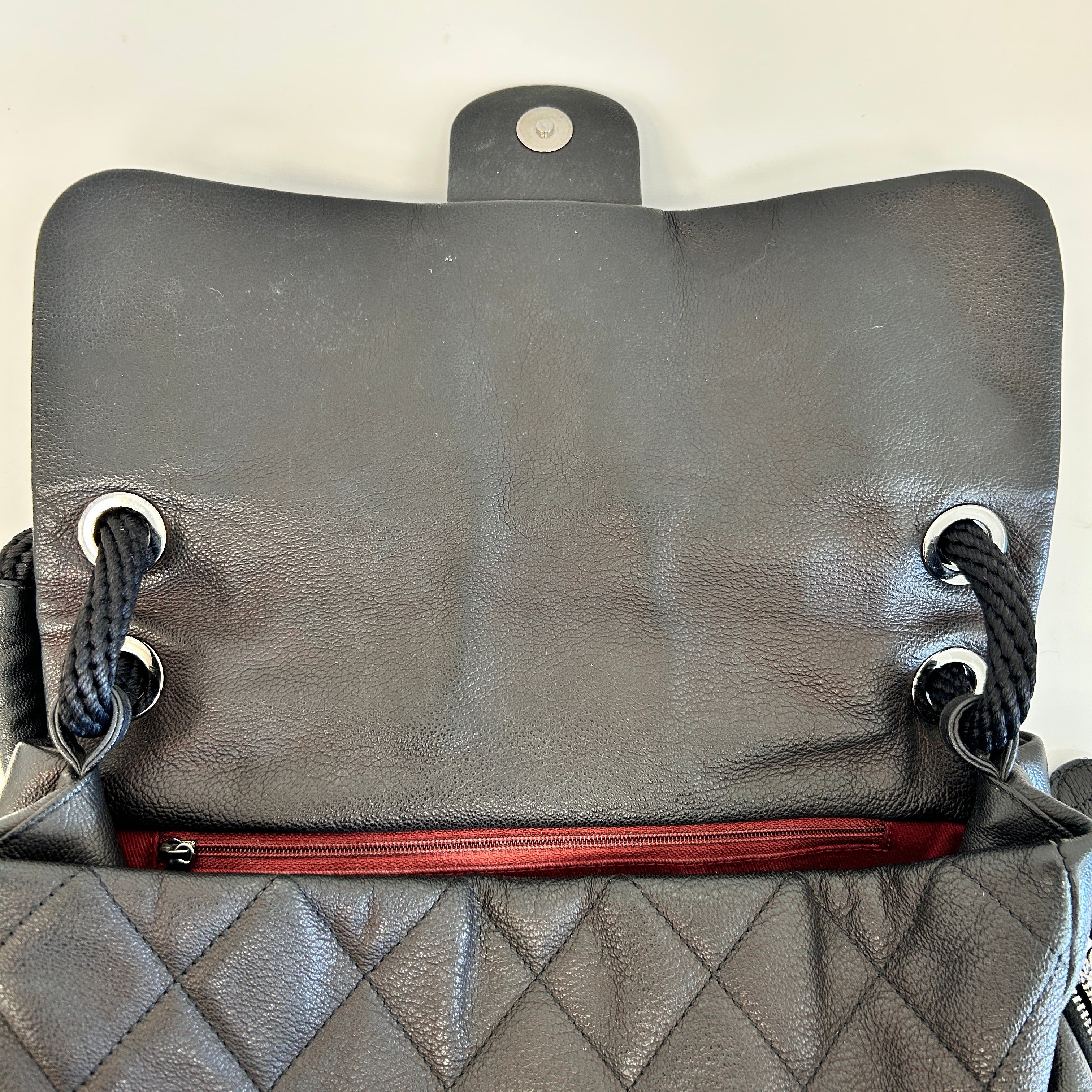 Black Pebbed Calfskin Leather Bag w/Expandable Zipper Bottom Detail