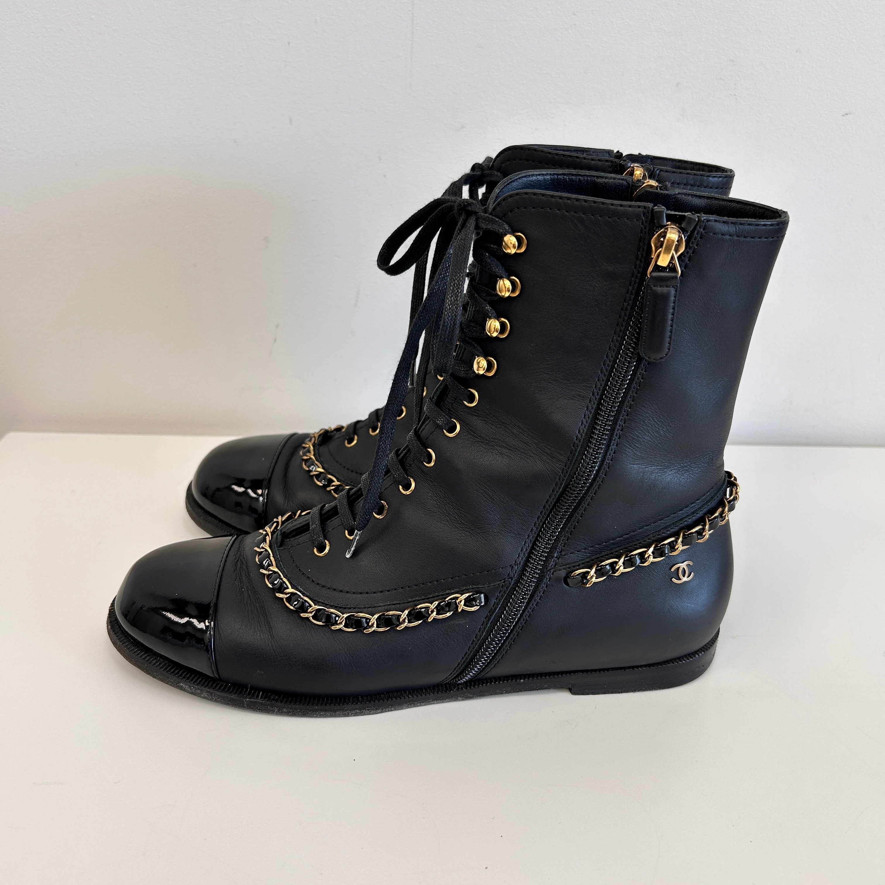 Black Chain All Detail Lace Up Boots w/Zipper Closure