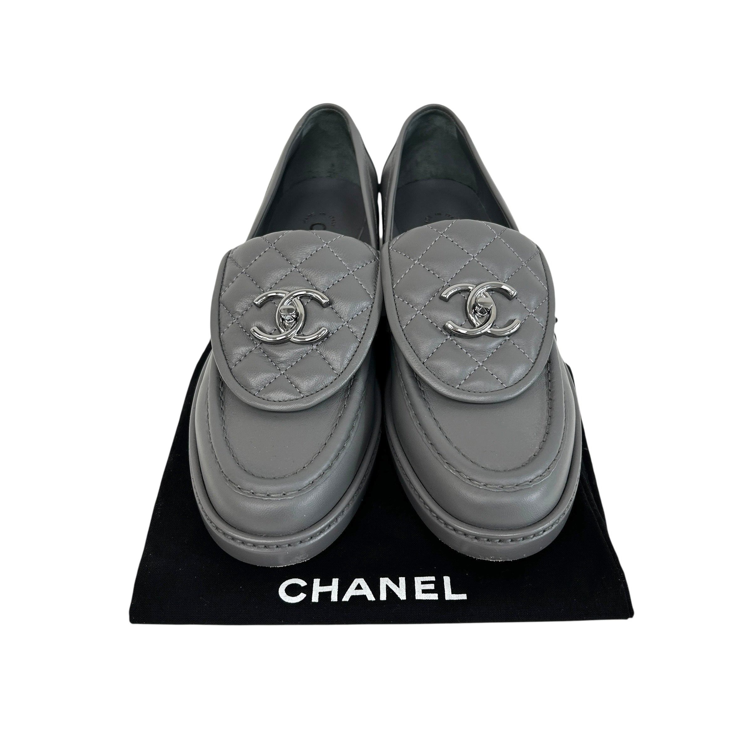 Dark Grey Leather Quilted Flap Turnlock CC Logo Loafer w/RHW