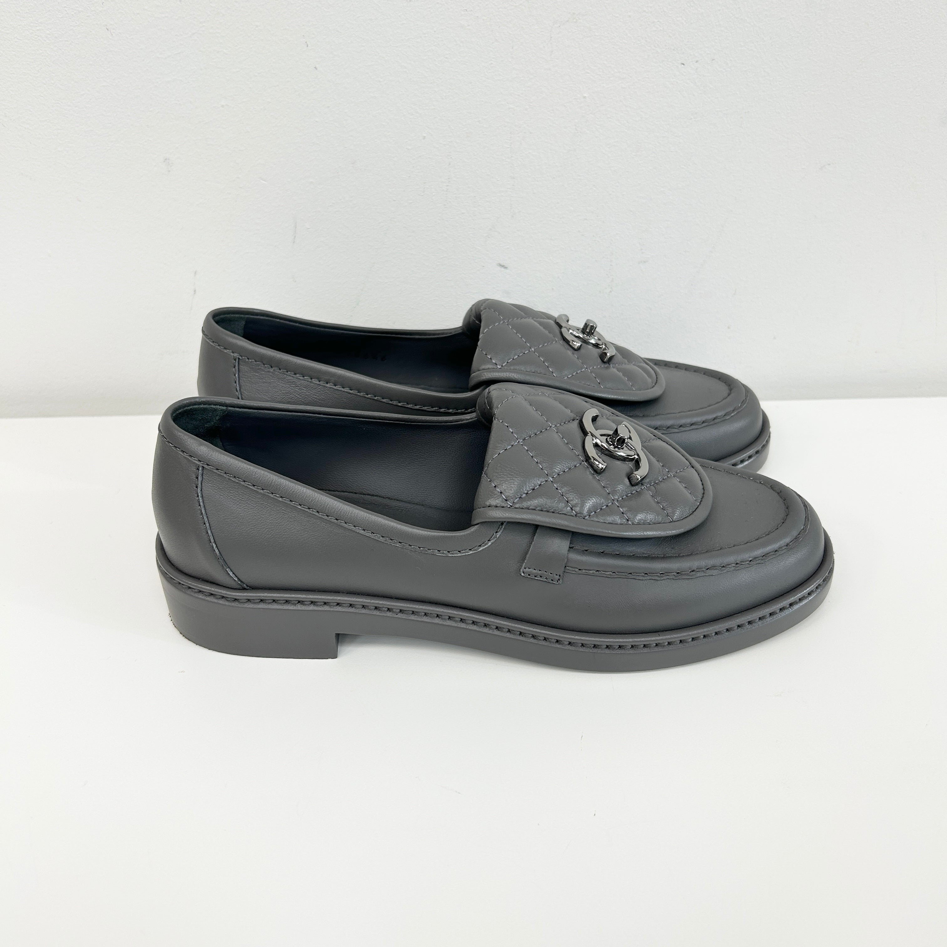 Dark Grey Leather Quilted Flap Turnlock CC Logo Loafer w/RHW