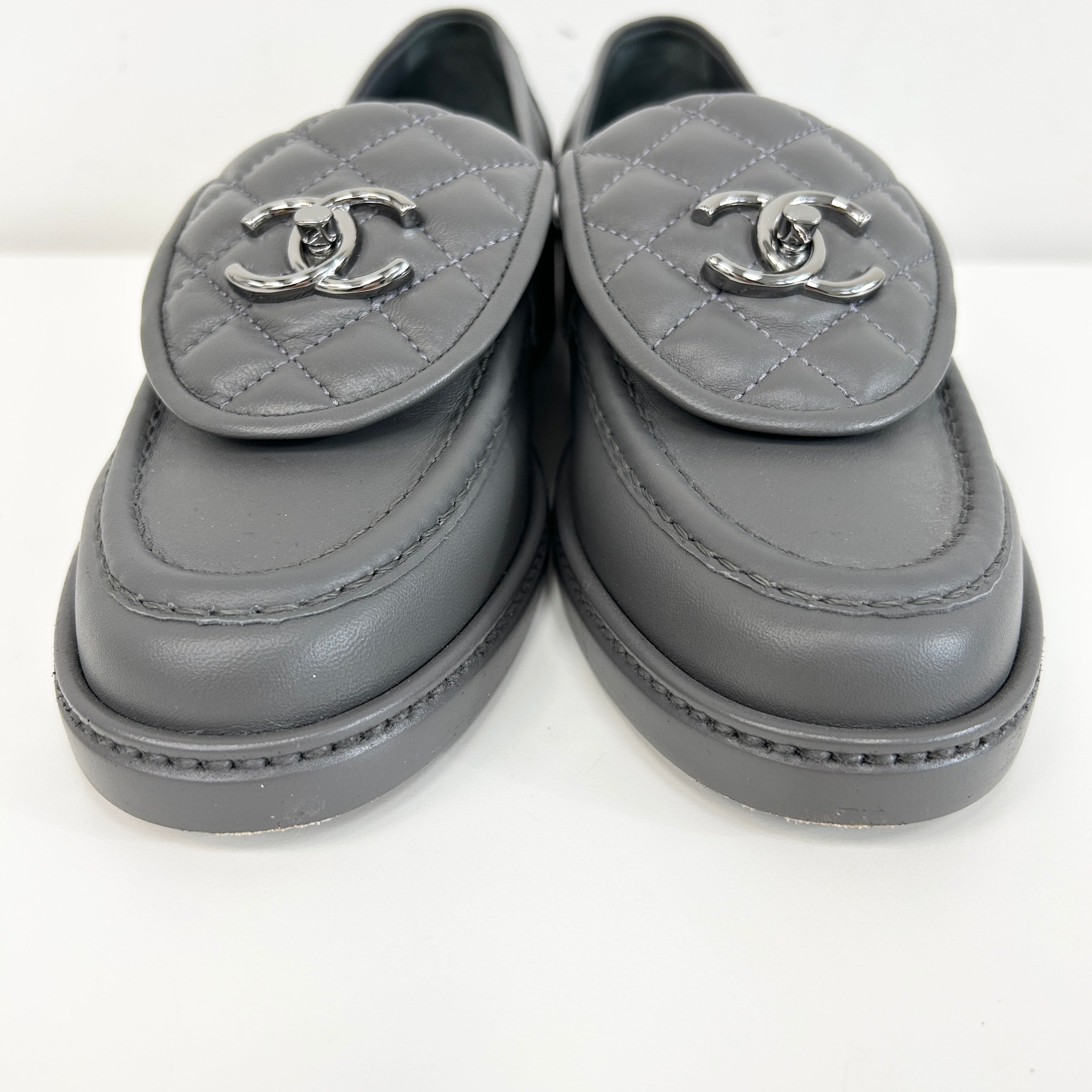 Dark Grey Leather Quilted Flap Turnlock CC Logo Loafer w/RHW