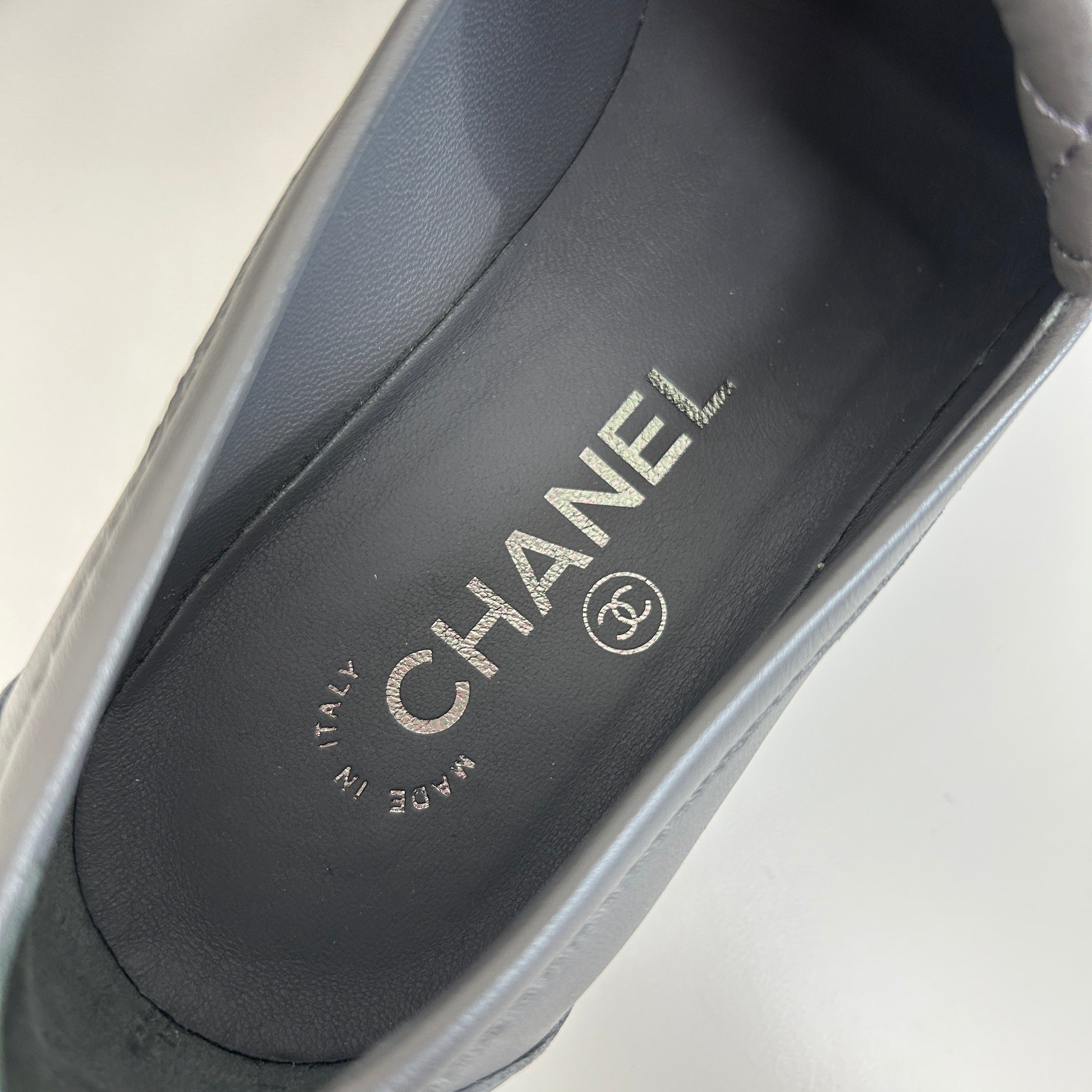 Dark Grey Leather Quilted Flap Turnlock CC Logo Loafer w/RHW