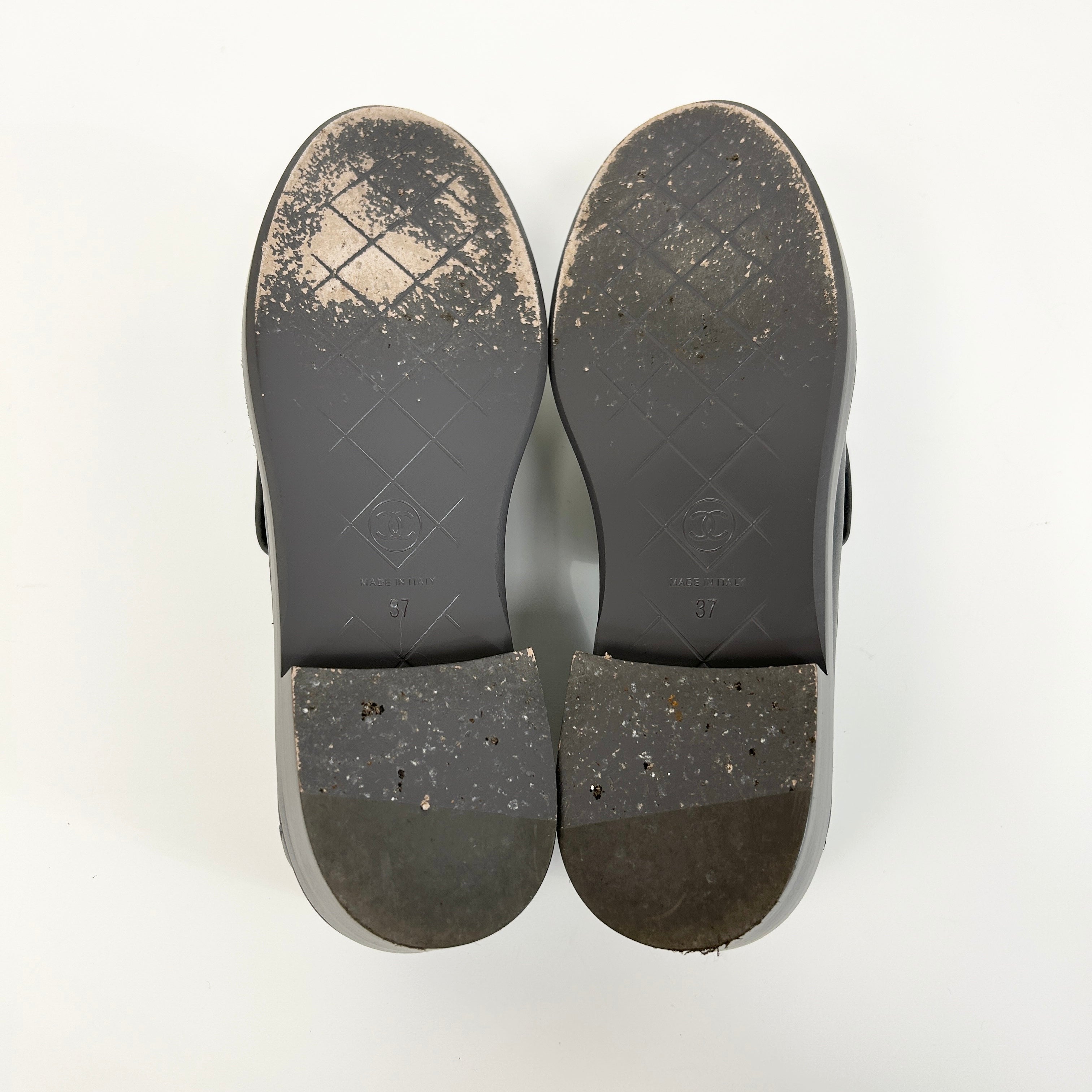 Dark Grey Leather Quilted Flap Turnlock CC Logo Loafer w/RHW