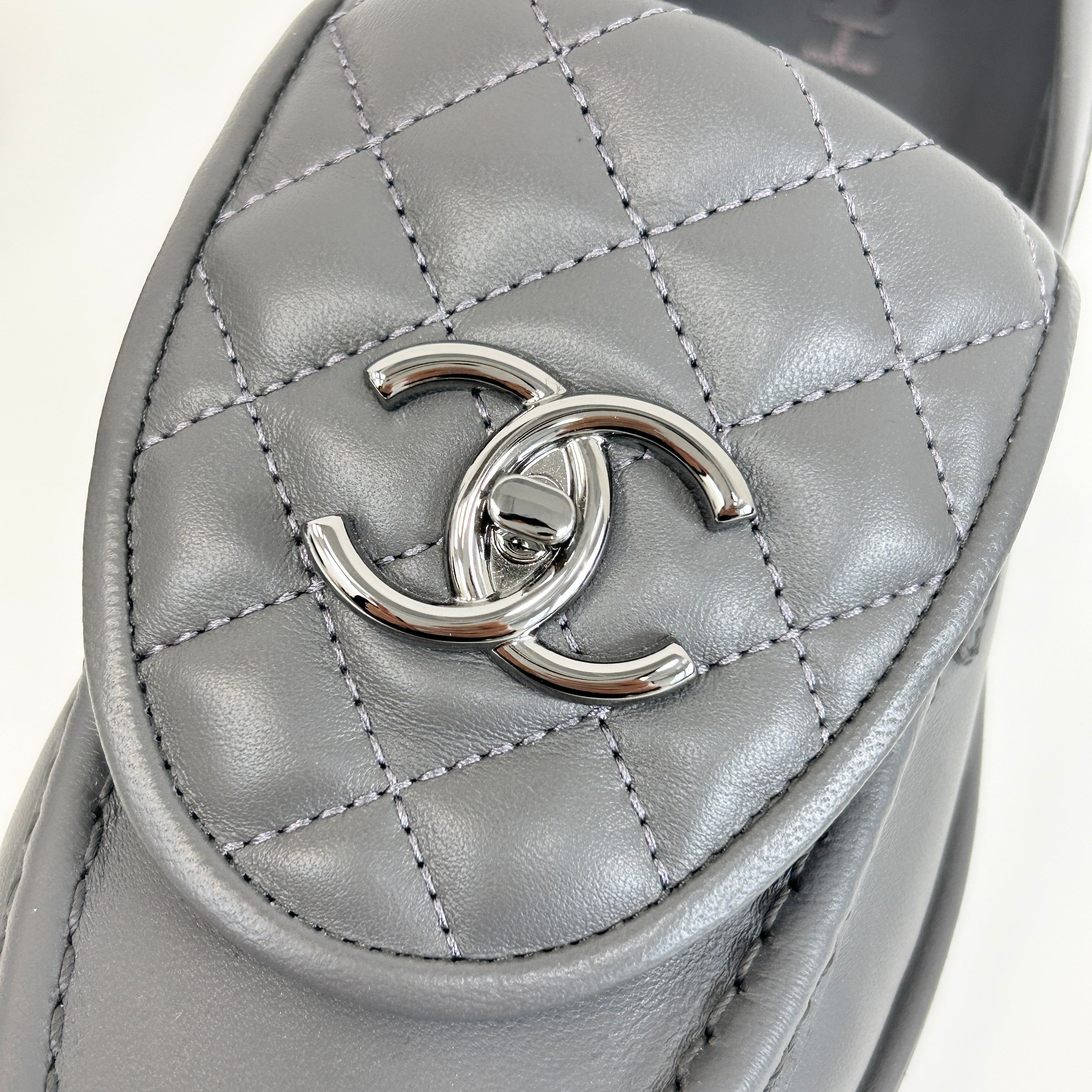Dark Grey Leather Quilted Flap Turnlock CC Logo Loafer w/RHW