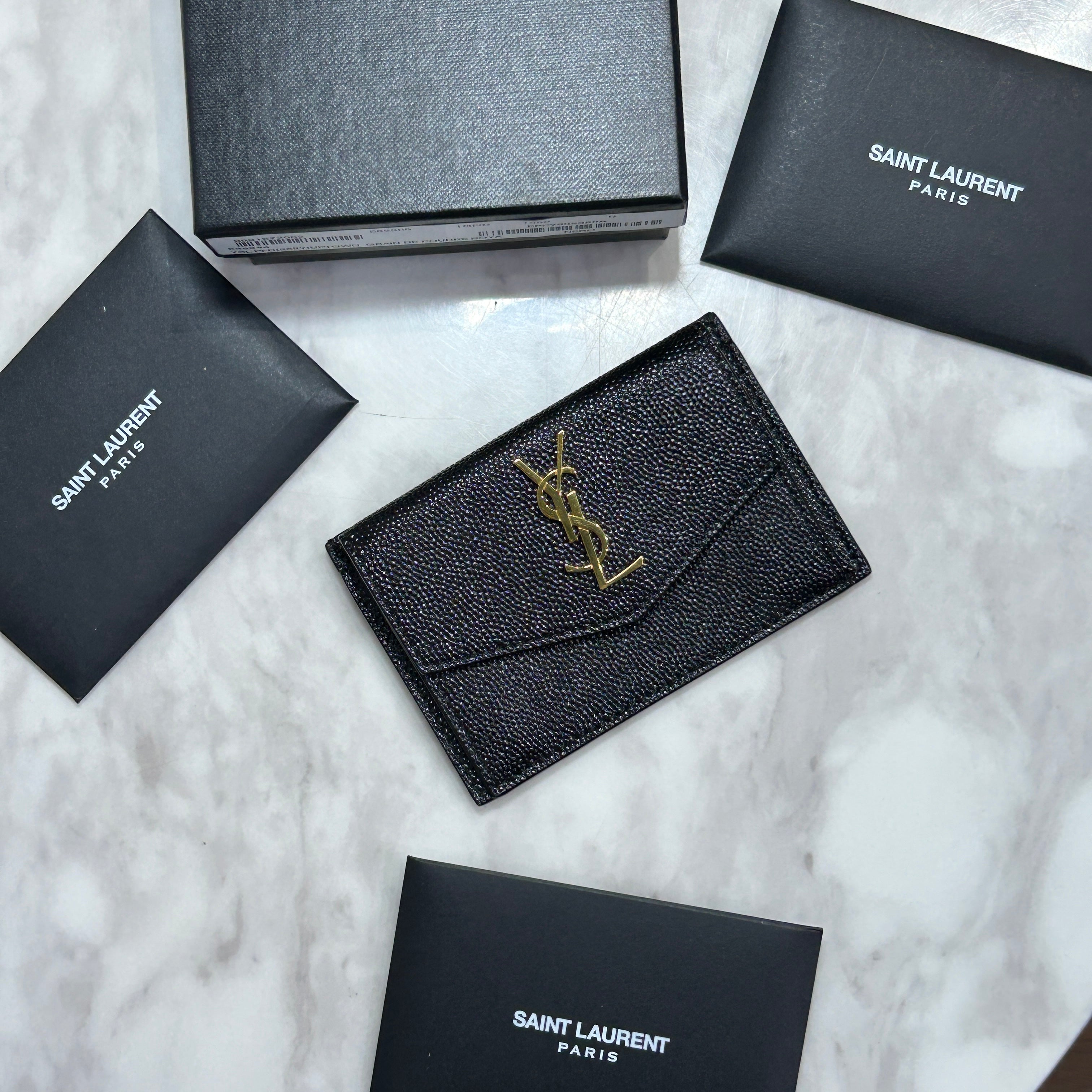 YSL Grained Black Leather Uptown Card Holder w/GHW