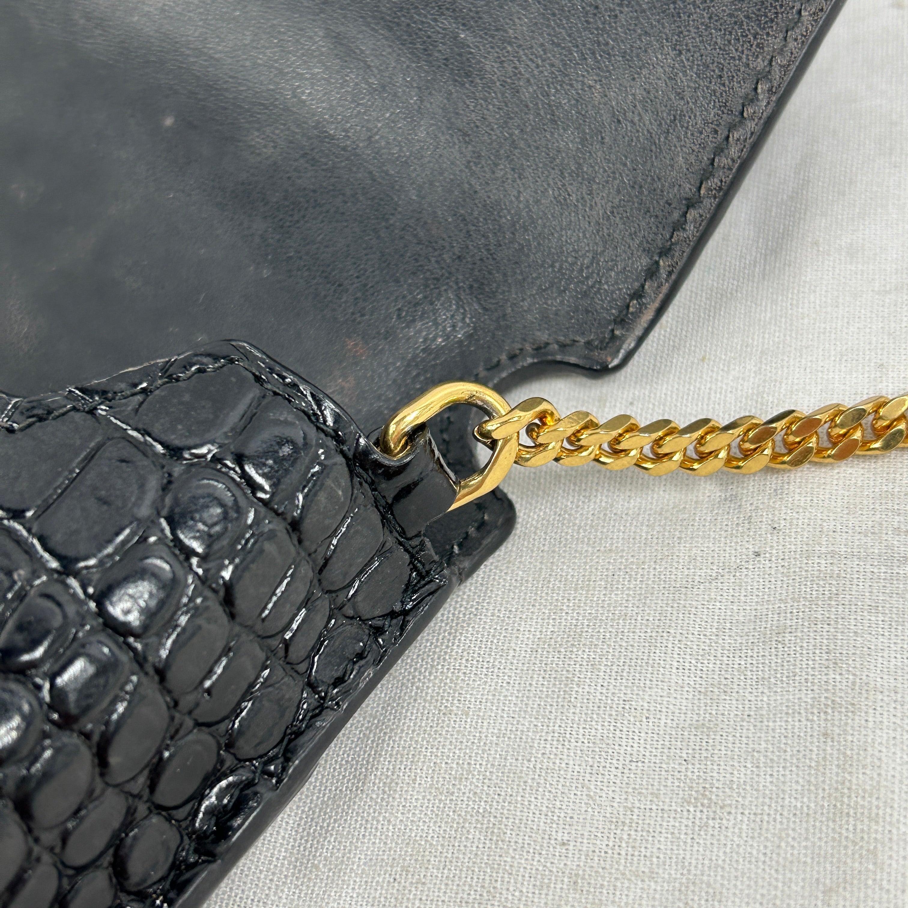 Black Croc Embossed Leather Phone Holder on Chain w/GHW