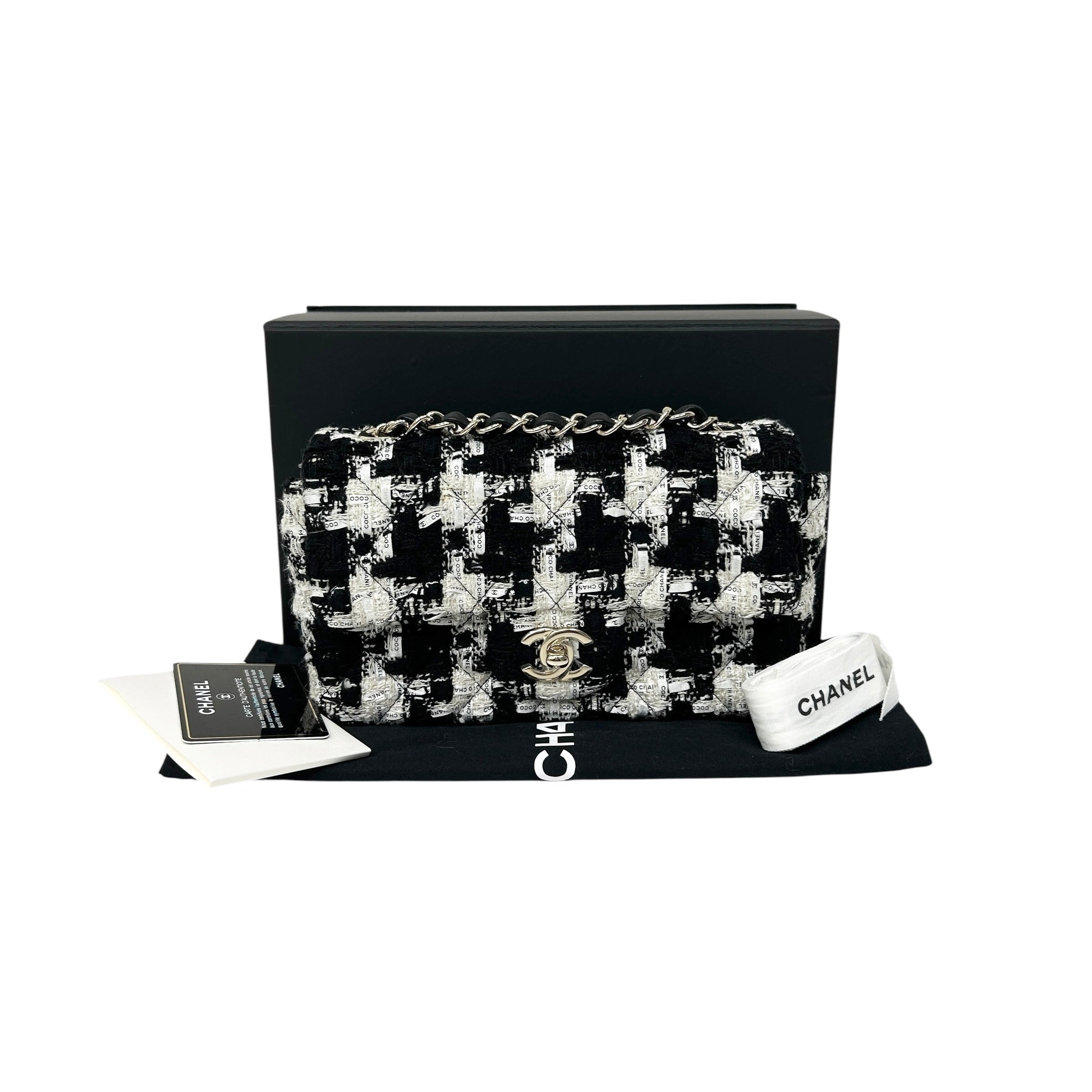 Black/Ecru/White Tweed Quilted Mini Rectangular Flap Bag w/LGHW