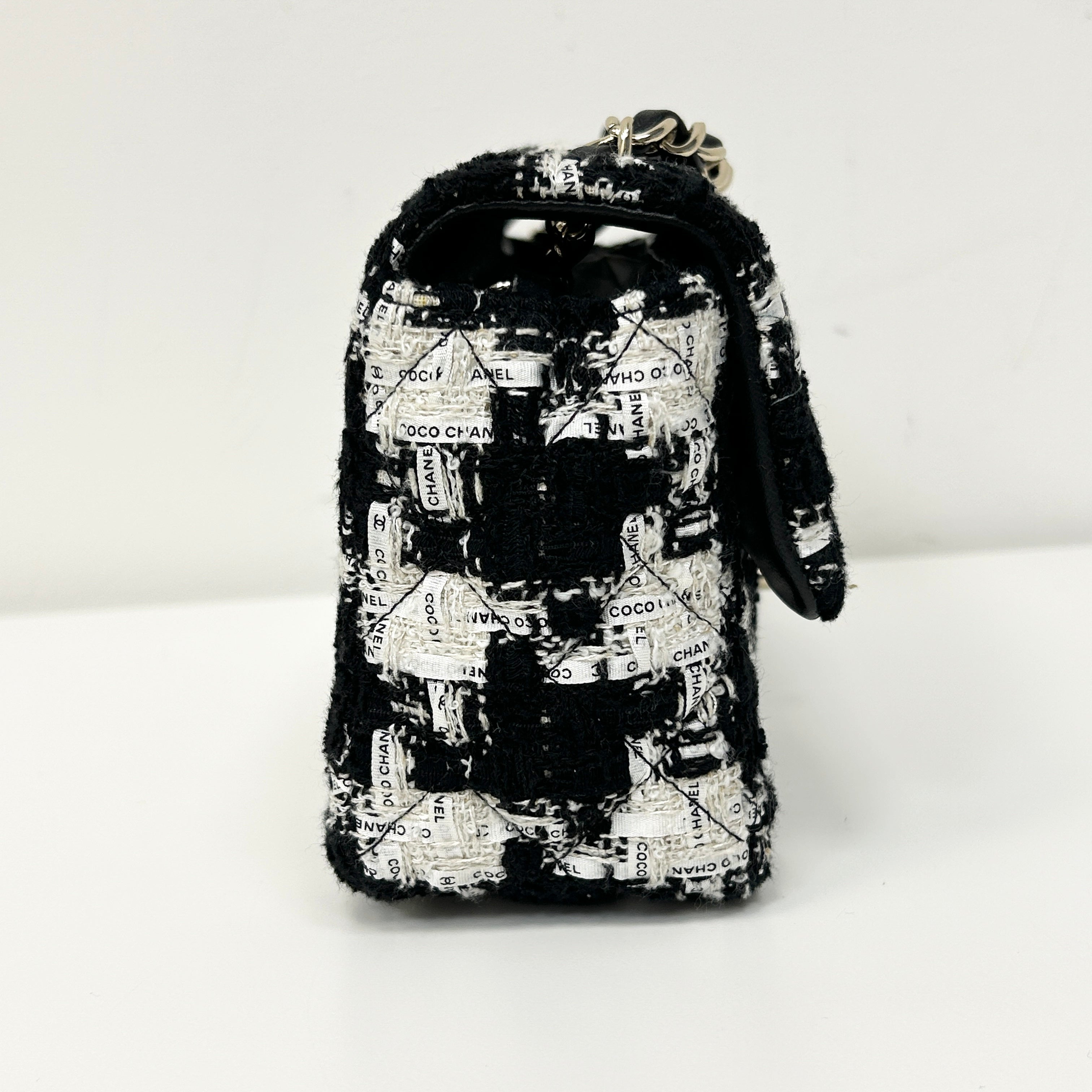 Black/Ecru/White Tweed Quilted Mini Rectangular Flap Bag w/LGHW